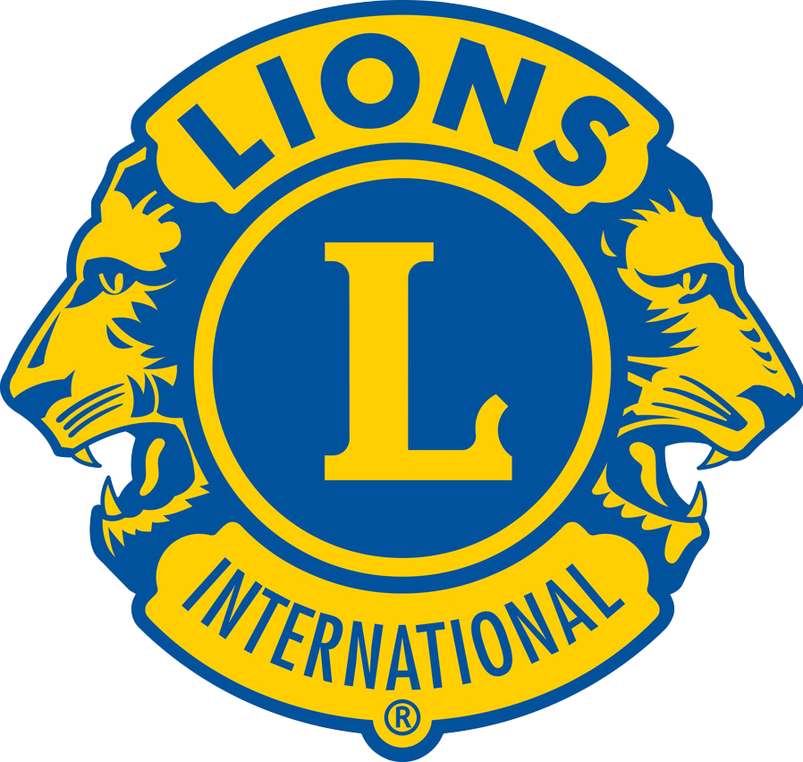 Lions Clubs International logo with a large yellow letter 'L' in the center, surrounded by two blue lion heads facing outward, the word 'LIONS' above, and 'INTERNATIONAL' below in blue letters on a yellow banner.