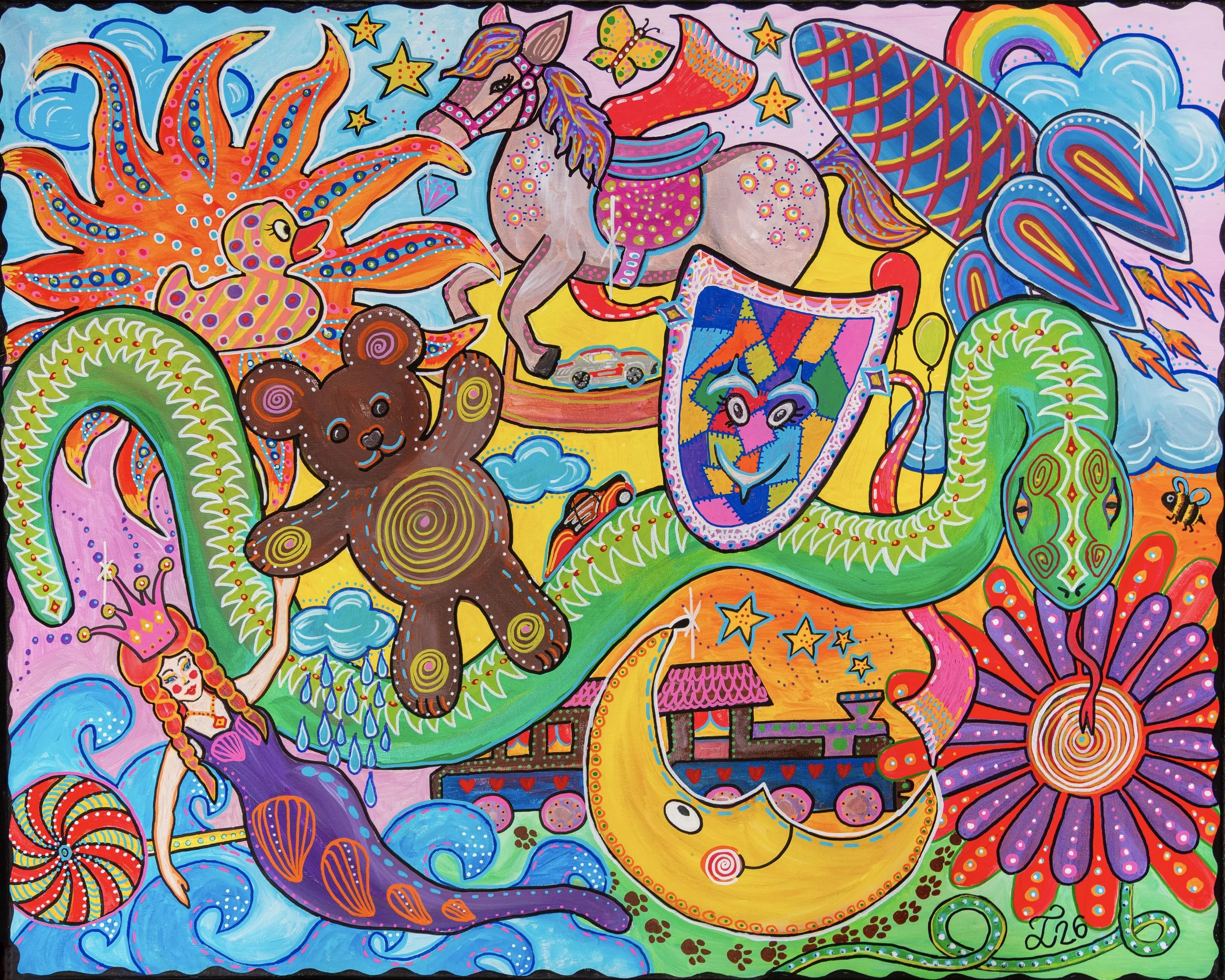 A colorful, psychedelic mural featuring a unicorn, a duck, a teddy bear, a girl with braids, clouds, stars, rainbows, and abstract patterns in bright, vibrant colors.