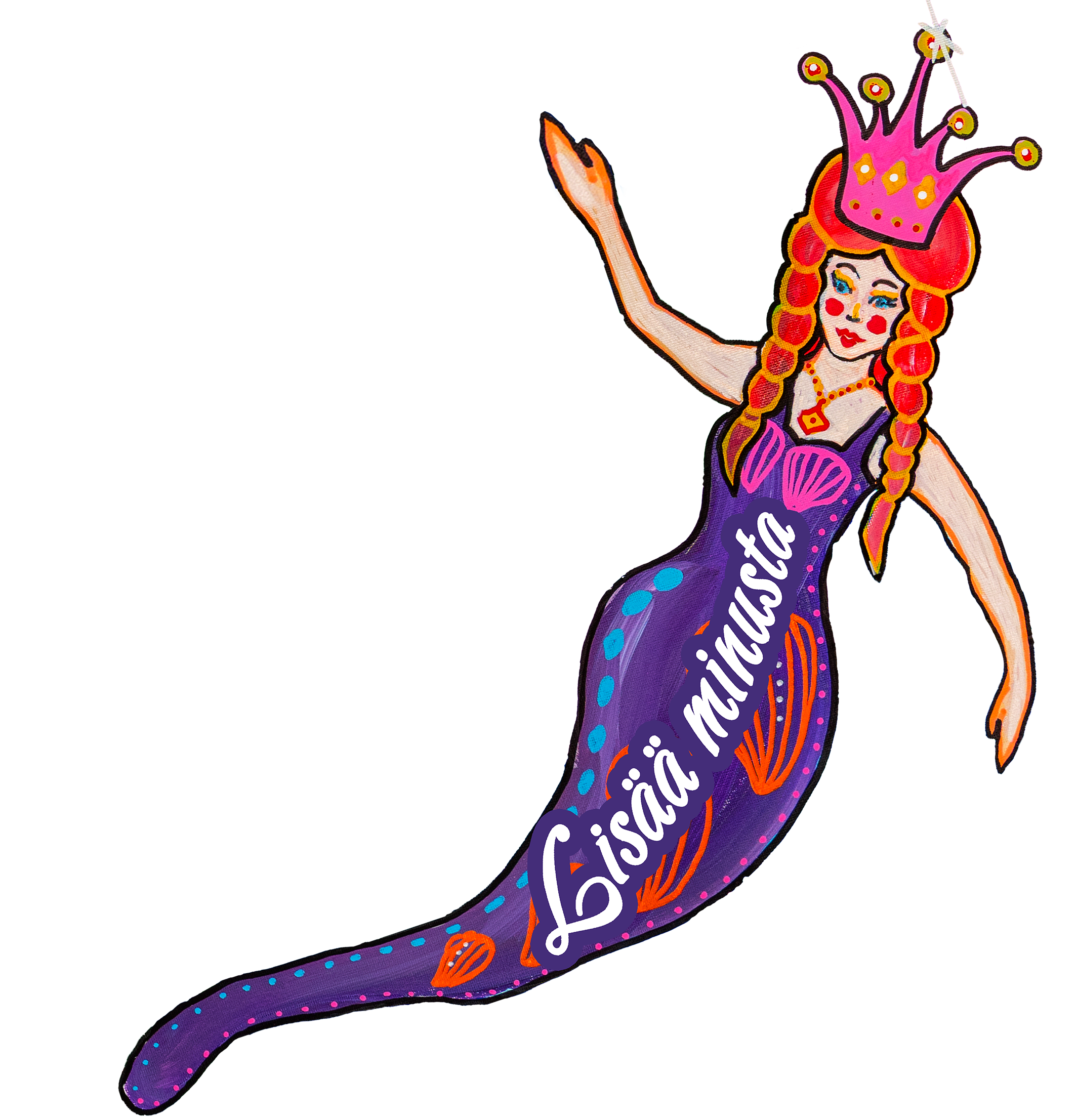 Digital illustration of a woman with red hair styled in braids, wearing a crown resembling a pink crown with yellow dots, and a purple dress with pink and purple dots, holding a paintbrush in her right hand, with a sash that says 'Miss.'