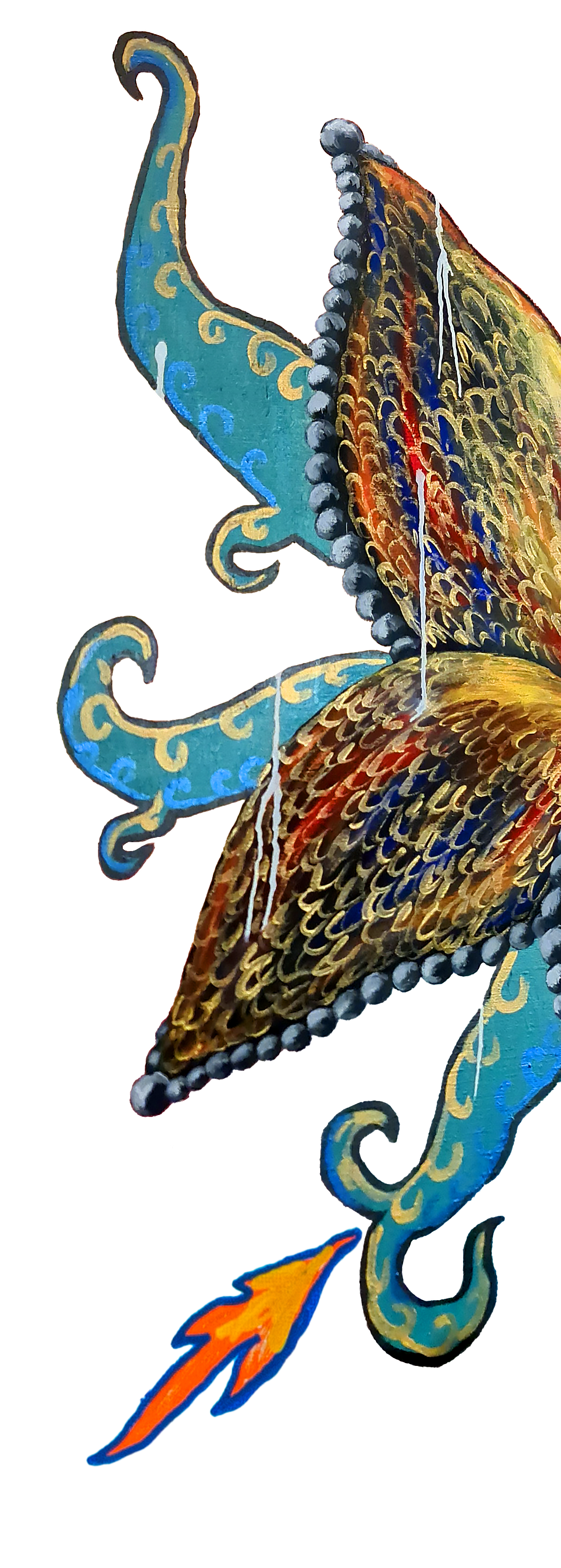 A decorative artwork of a mythical creature featuring a horse's head with a flowing, colorful mane. The creature has a serpentine body with blue and gold accents, including elaborate patterns on its tail and wings. The wings are decorated with detailed feather patterns in red, blue, gold, and orange hues, and the creature has a string of beads or pearls along its neck.