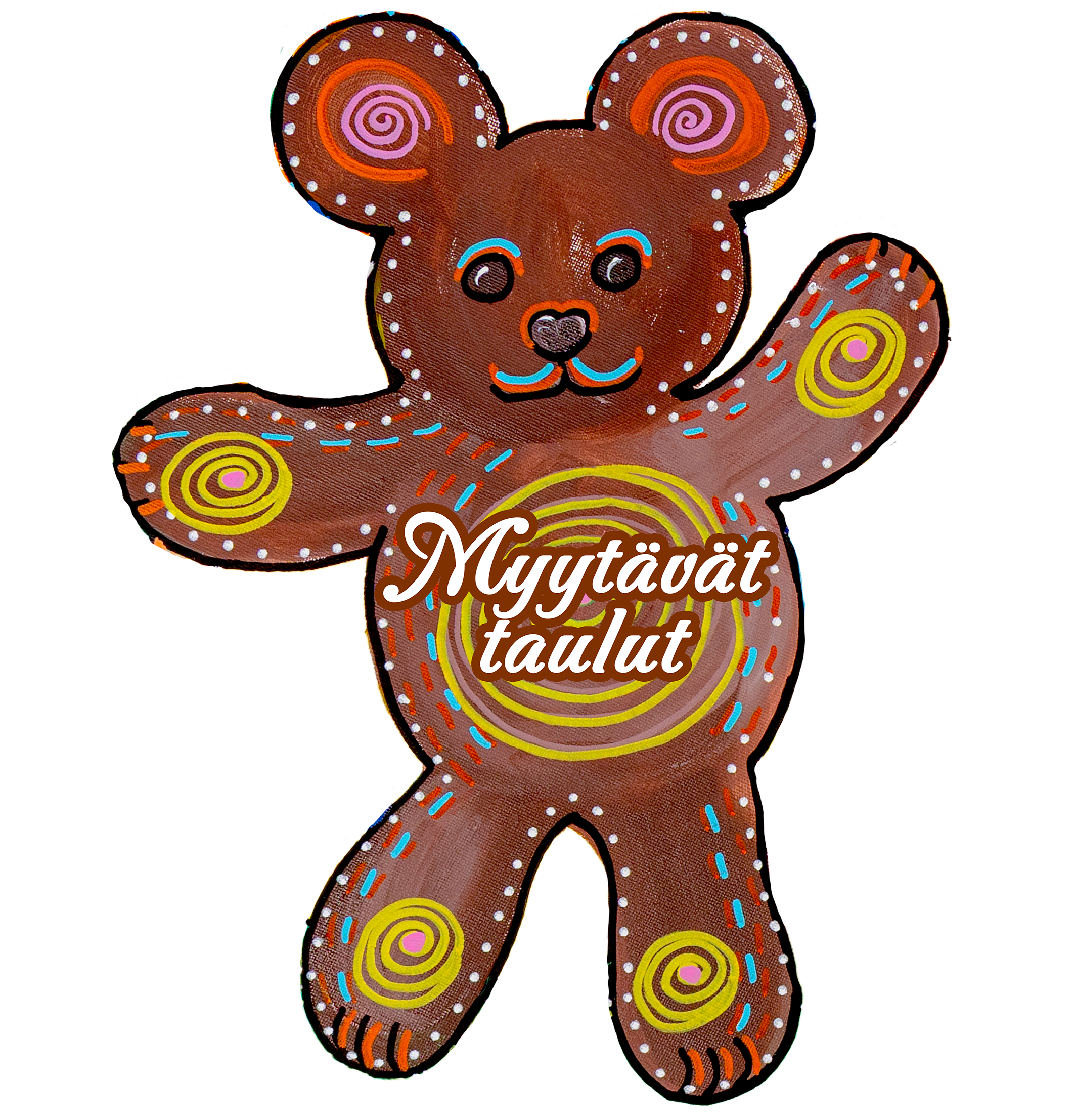 Decorative gingerbread bear with colorful icing and sprinkles, featuring the words 'Mytäät taulut' on its body, set against a dark background.