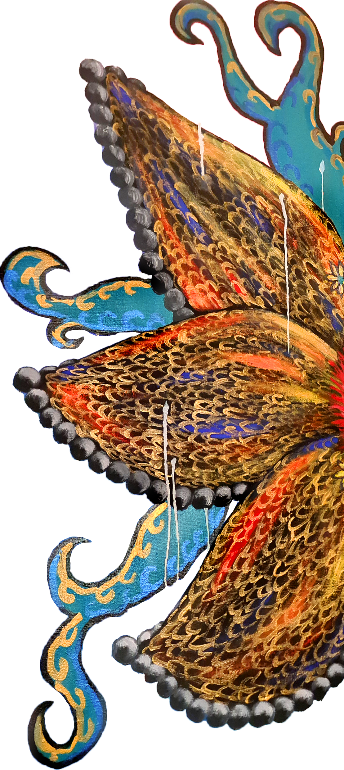 Colorful decorative art featuring a pair of ornate, stylized dragons with blue, gold, and red details, set against a dark background.