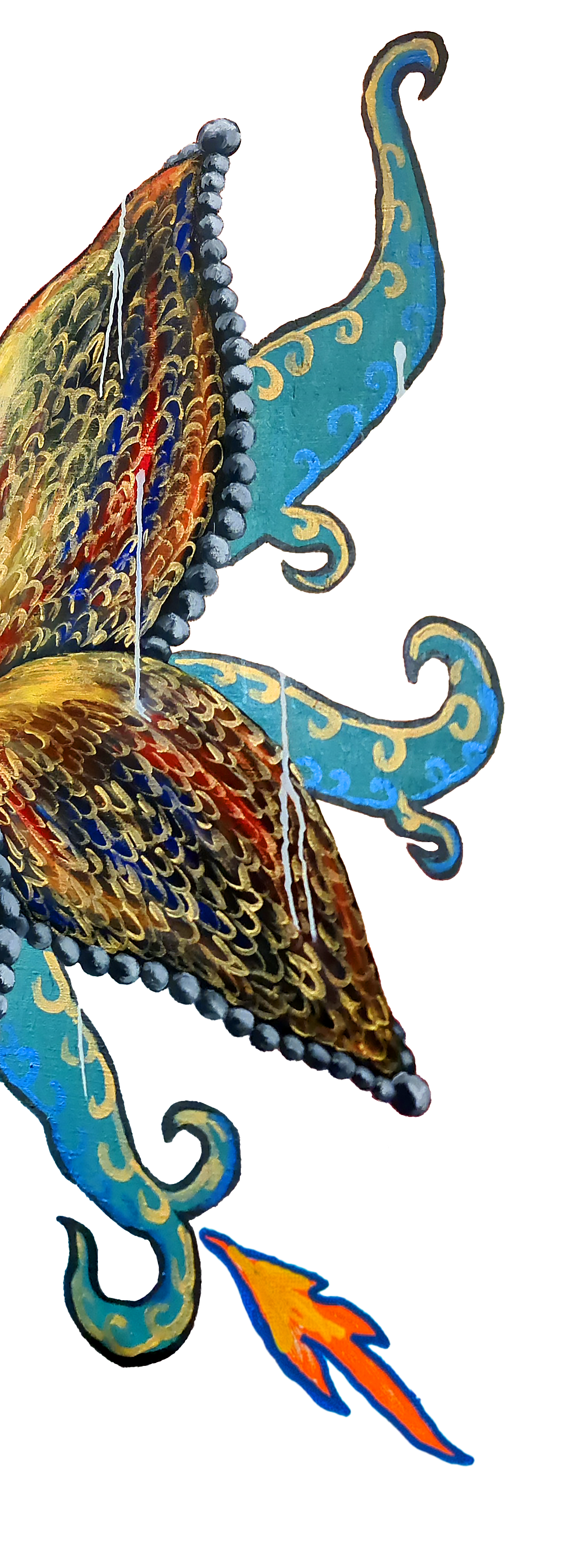 Close-up of a colorful, ornate decorative element resembling a mythological creature with a beak, decorated in gold, blue, and red patterns, with a feather and an arrow in the background.