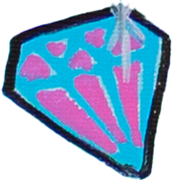 Colorful embroidered patch featuring a blue shield with pink shapes and a white arrow.