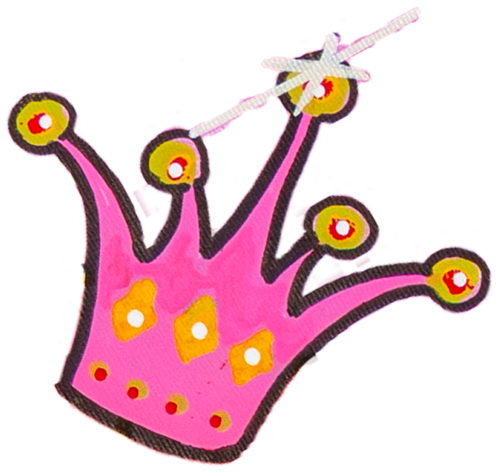 Pink and yellow embroidered patch of a hand with five fingers, each with a yellow circle and red center, and a white star with a stick coming out of it.