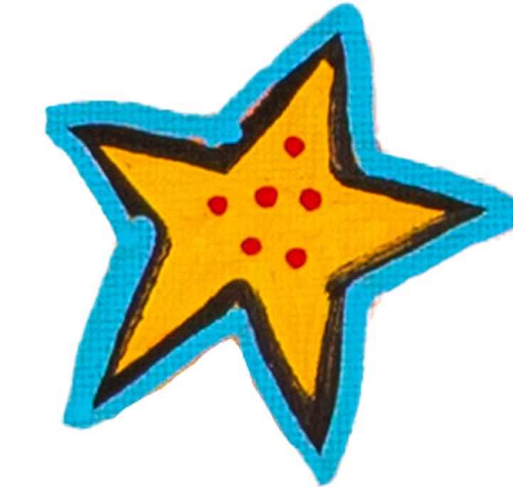 Colorful hand-drawn star with black outline, yellow center, blue border, and red dots on a textured orange background.