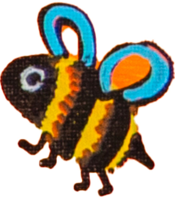Colorful embroidered patch of a cartoon bee with blue wings and black and yellow striped body.