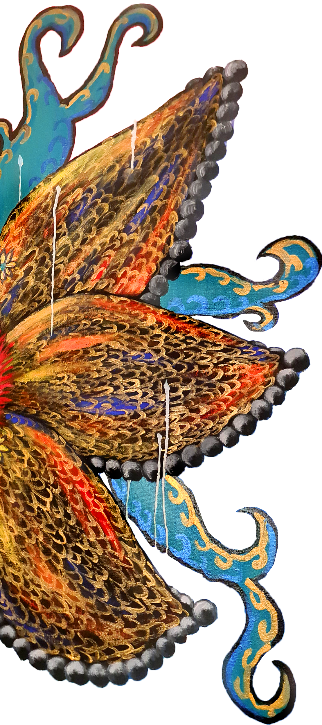 Close-up of a colorful, ornate dragon design with textured scales, blue and gold accents, and a decorative border.