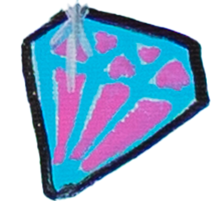 Patch featuring pink ice cream cones and hearts on a blue background with a black border.