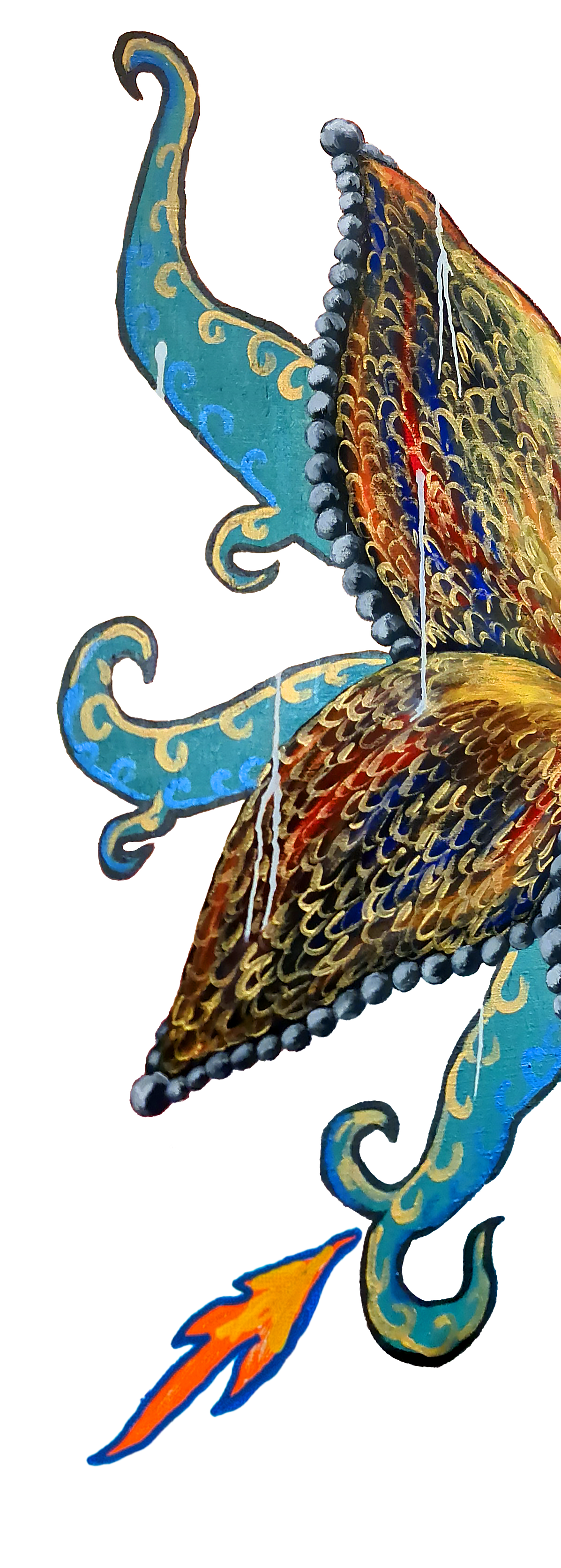 Decorative artwork of a stylized peacock with colorful feathers and blue and gold accents on its body and tail.