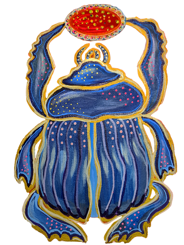 Colorful, stylized painting of a crab with a red pot with yellow dots on top of its claws.