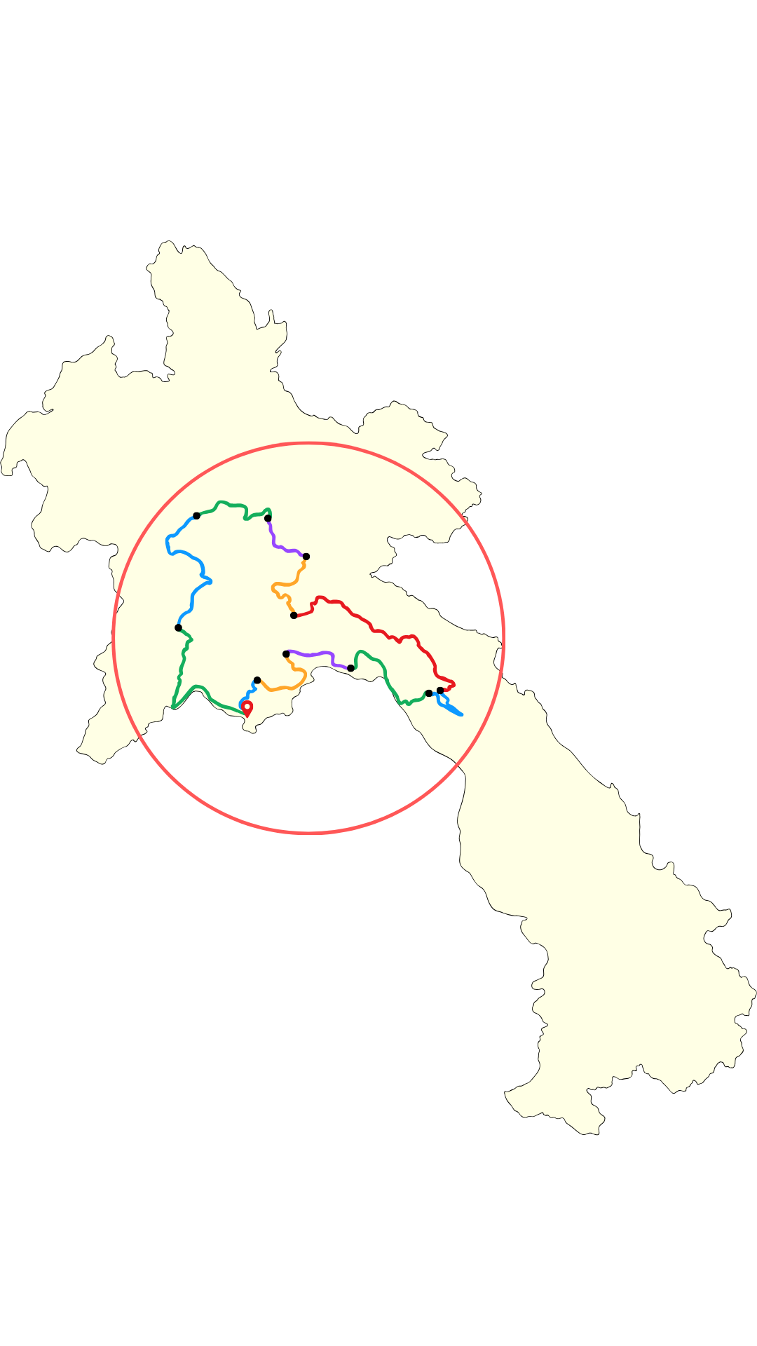 Carte du Laos avec un cercle rouge autour de la région centre, montrant un réseau de routes ou de chemins colorés dans cette région.
