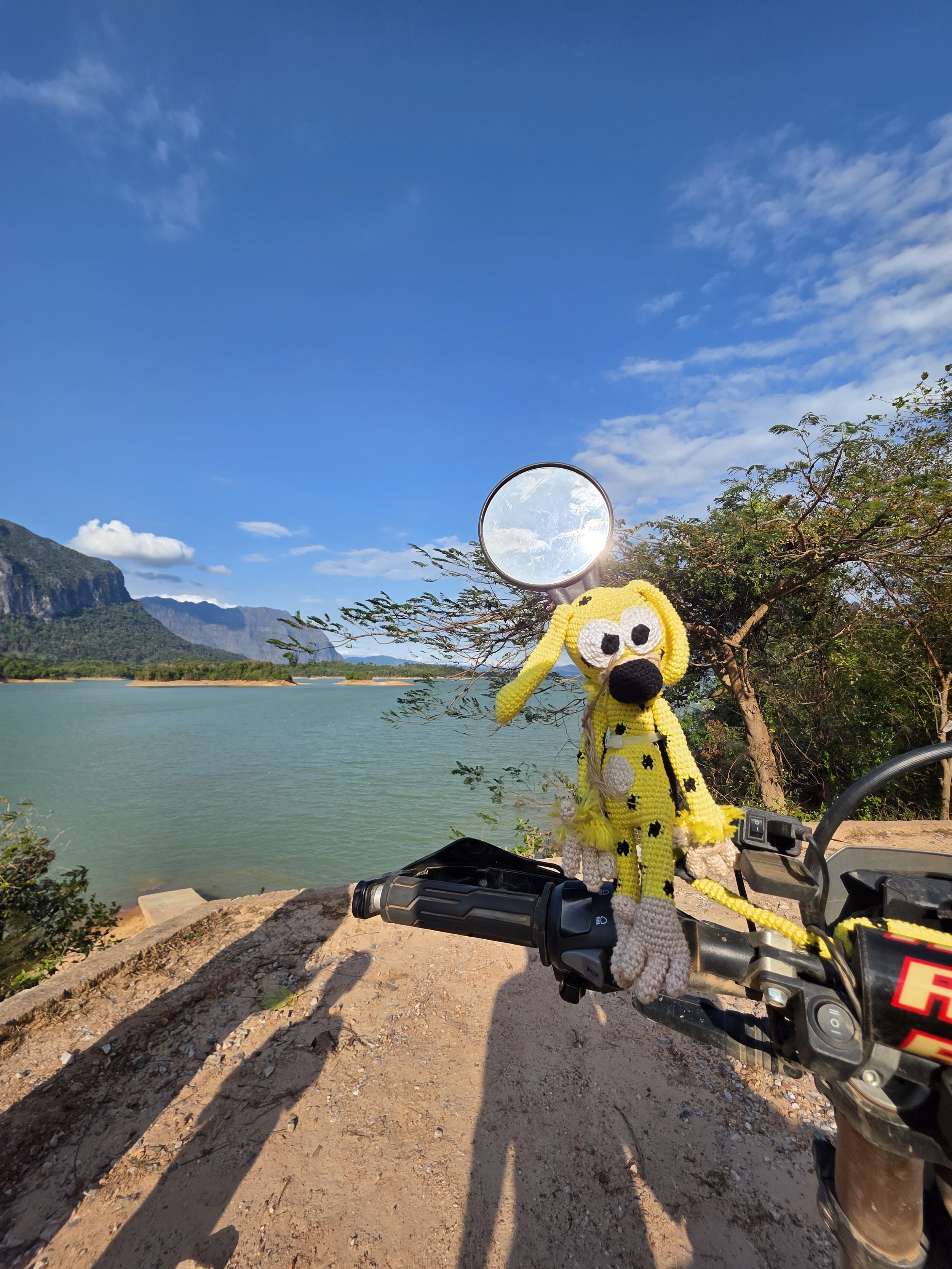 Vélo avec une peluche de chien jaune attachée au guidon, vue d'un lac avec des montagnes en arrière-plan, sous un ciel bleu avec quelques nuages.