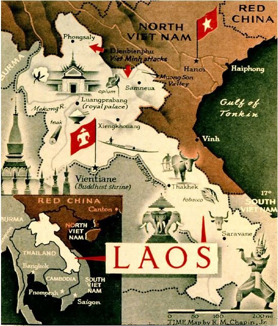 Carte illustrant le Laos, entouré par la Chine, le Vietnam, la Thaïlande, le Cambodge et la Birmanie, avec marques des régions et noms des villes principales.