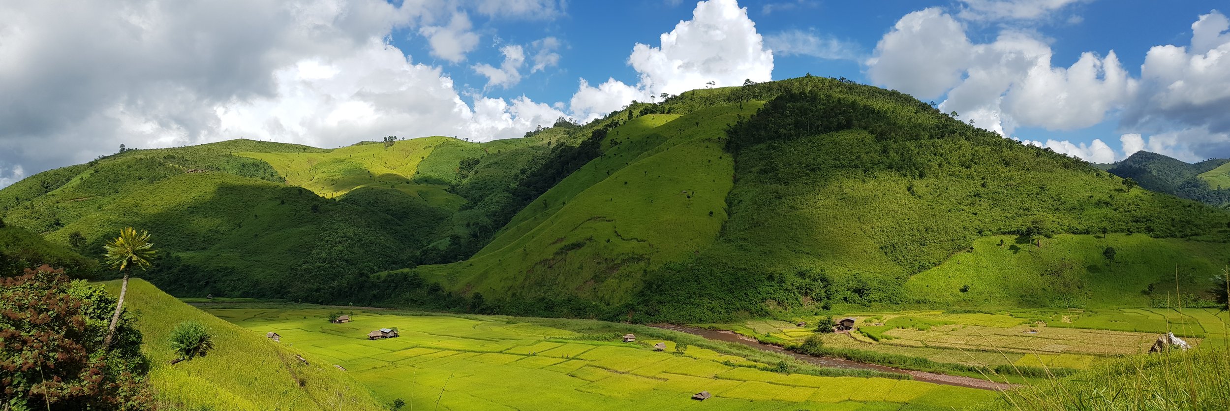 Paysage de montagnes verdoyantes avec des champs de riz en terrasses et quelques petites maisons, sous un ciel partiellement nuageux.
