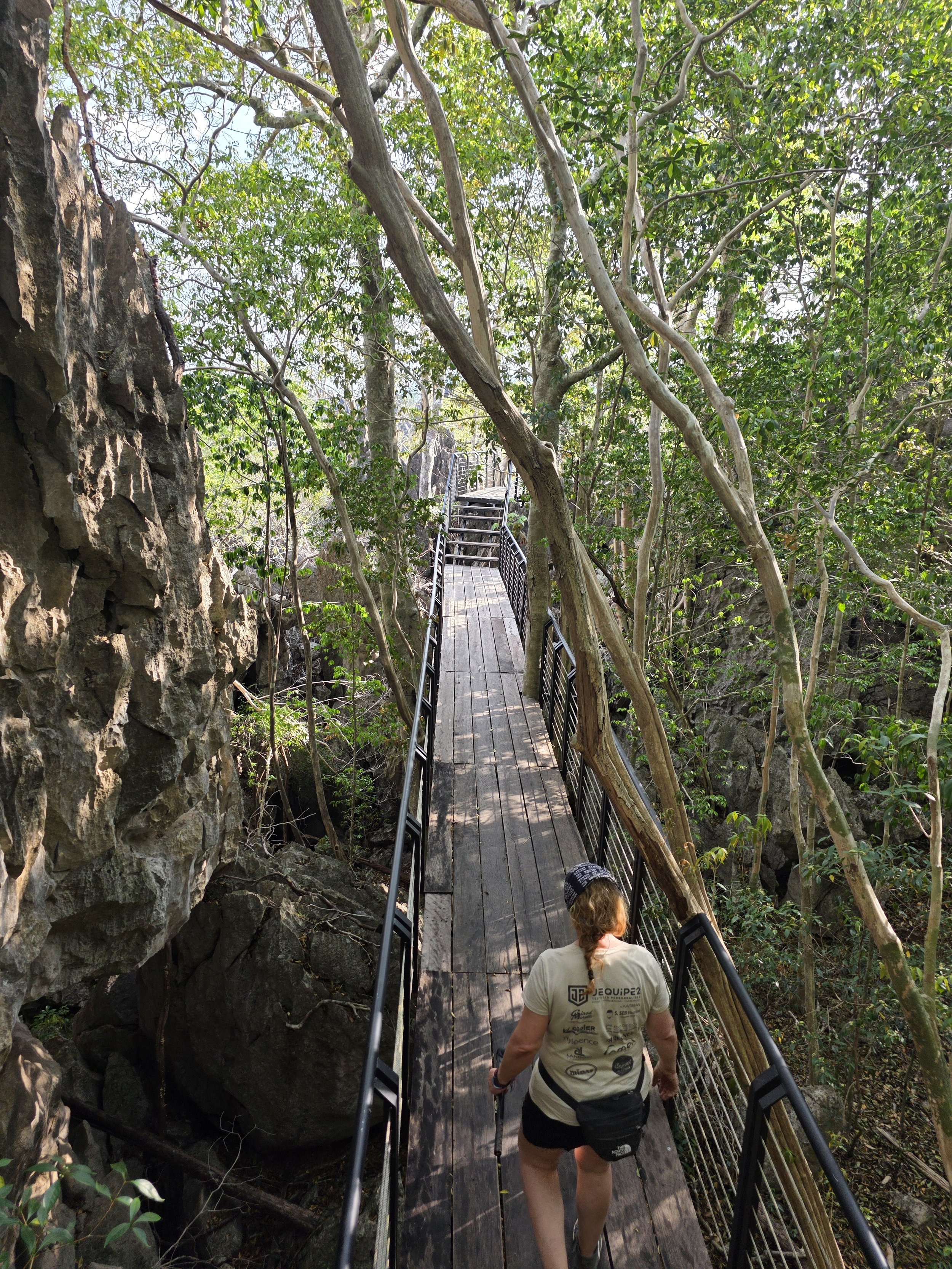 Une femme et une enfant descendent un chemin en bois suspendu dans une forêt dense avec des arbres verts. La femme porte un t-shirt beige avec des logos imprimés à l'arrière, casque de protection et sac à dos. Laos.