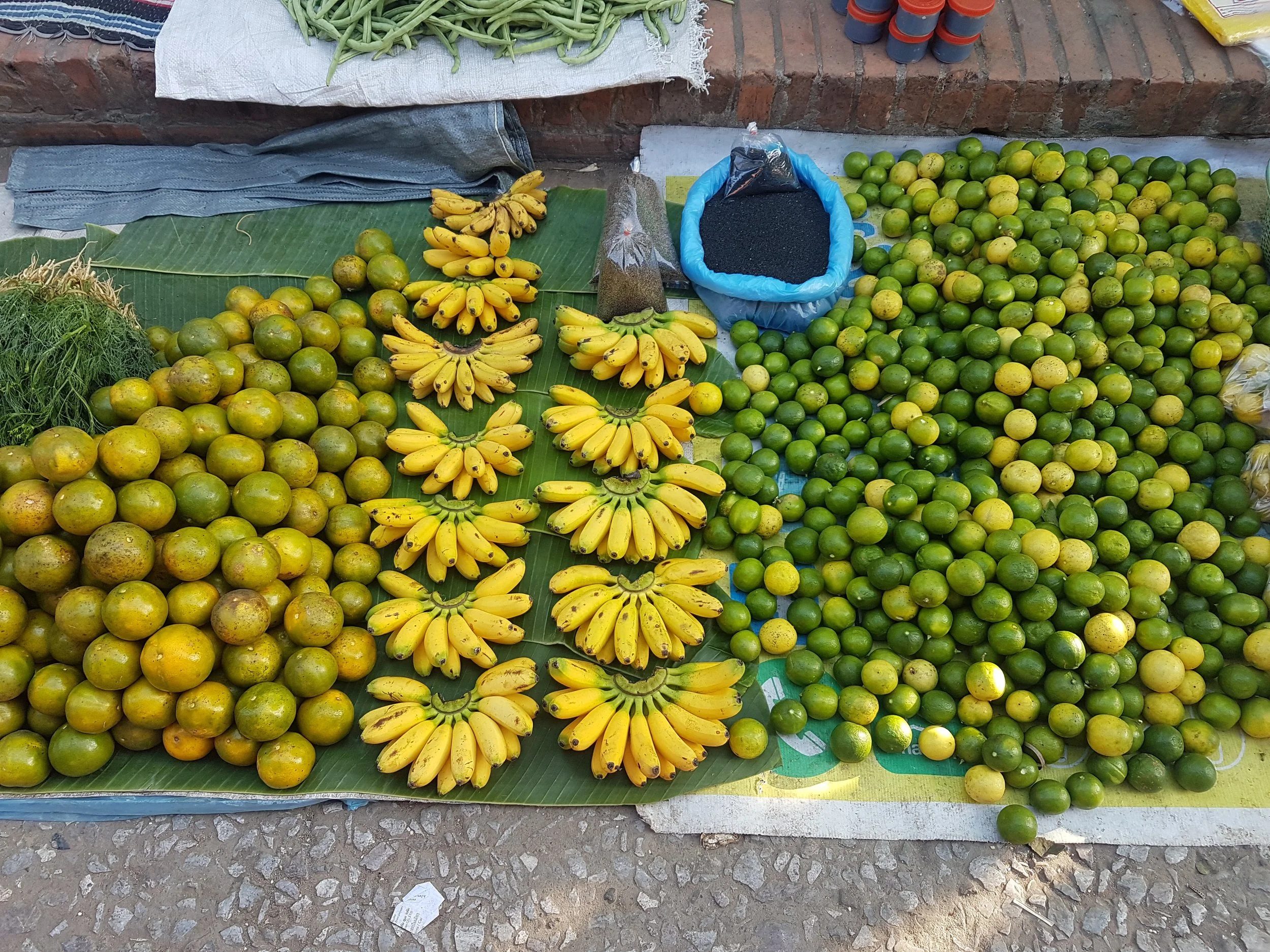 Un étal de fruits avec des oranges, des bananes, et des citrons verts.