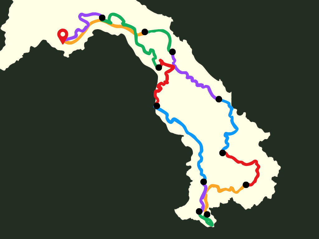 Carte du Laos avec plusieurs lignes colorées représentant un itinéraire, comprenant des points noirs indiquant des stations et une icône de localisation rouge à l'extrémité ouest.