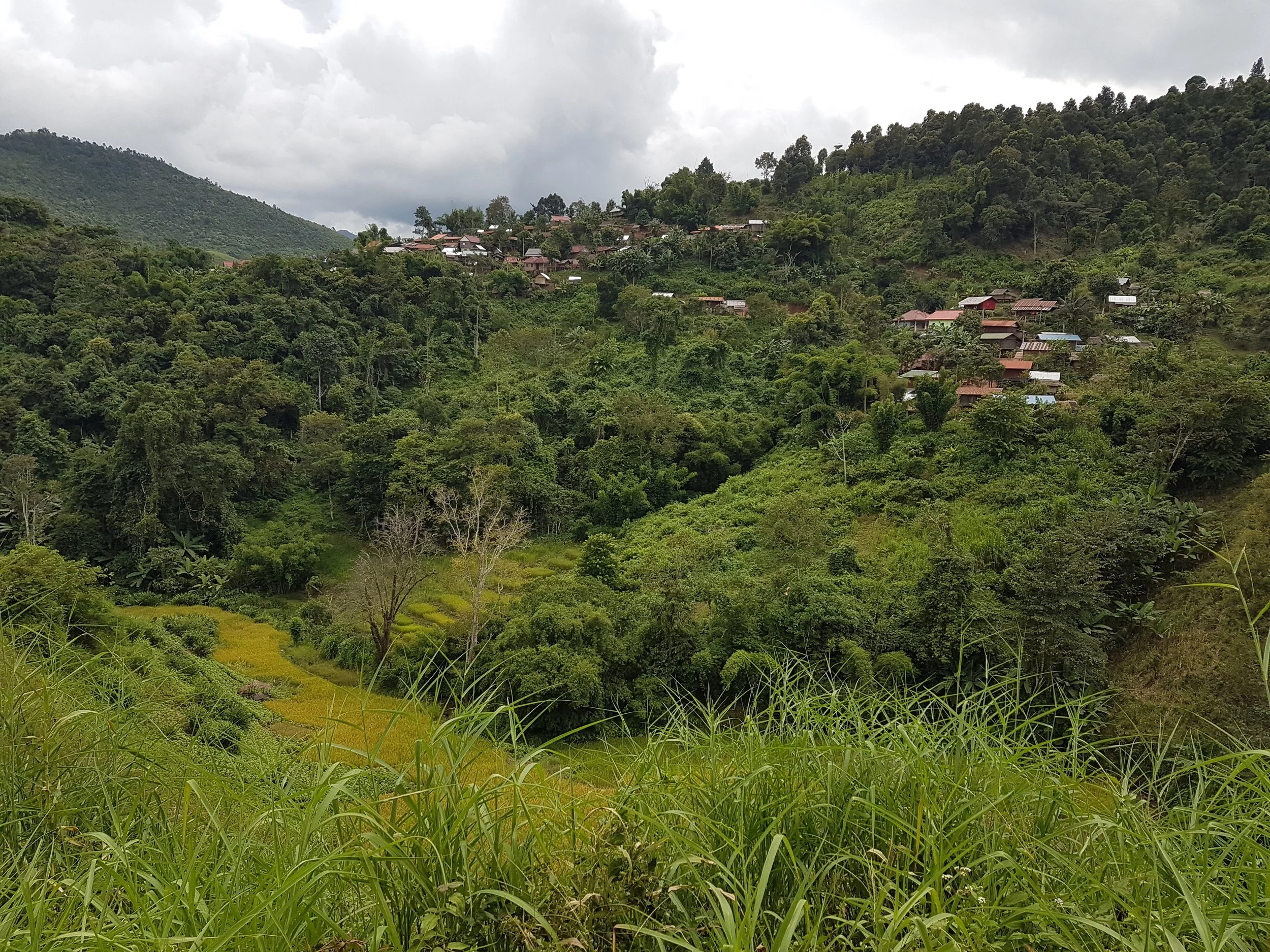 Paysage montagneux avec des villages en hauteur et une forêt dense, ciel nuageux.