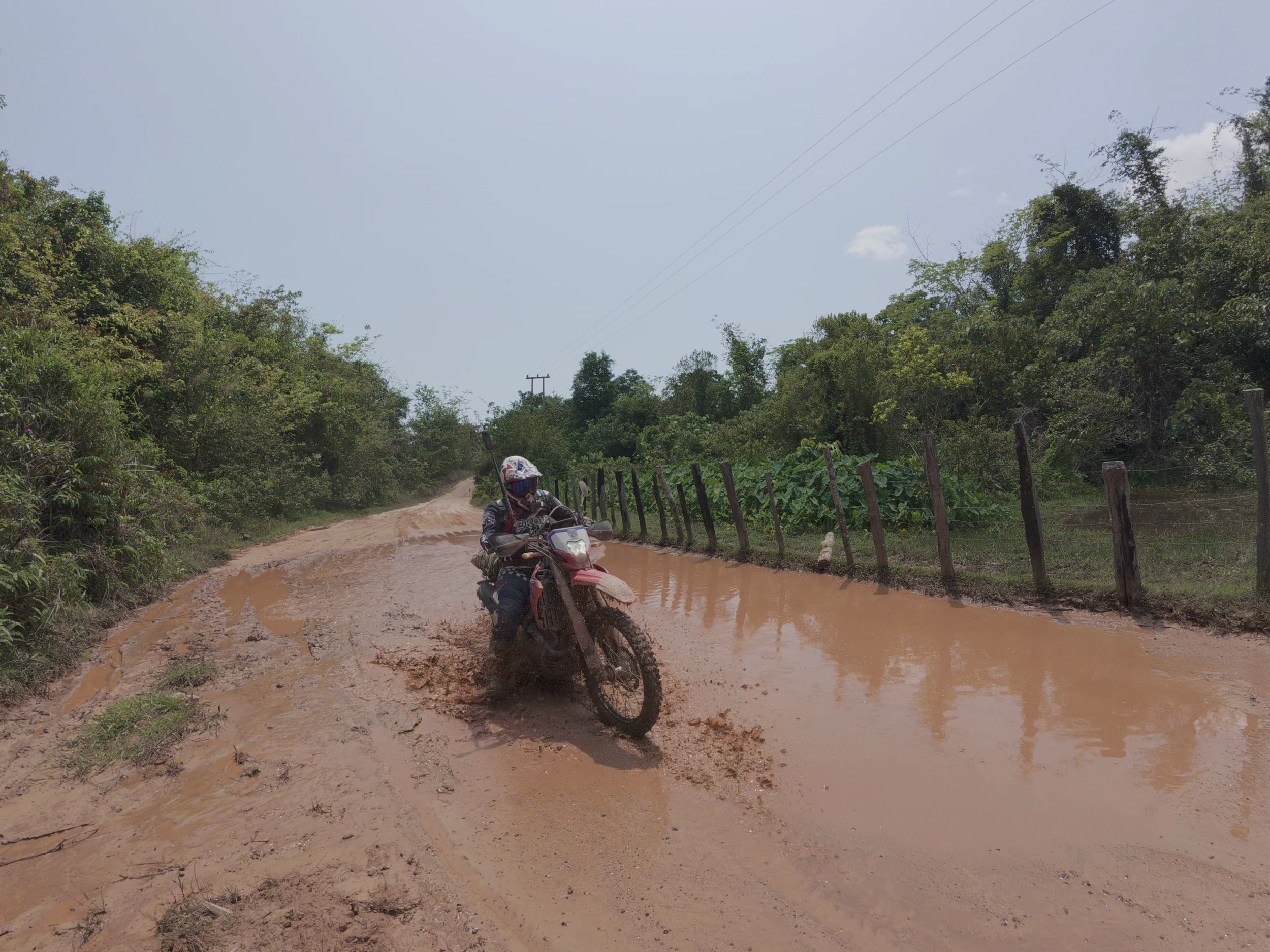 Une moto traverse une route en terre boueuse et déserte, entourée de végétation dense et un ciel clair.