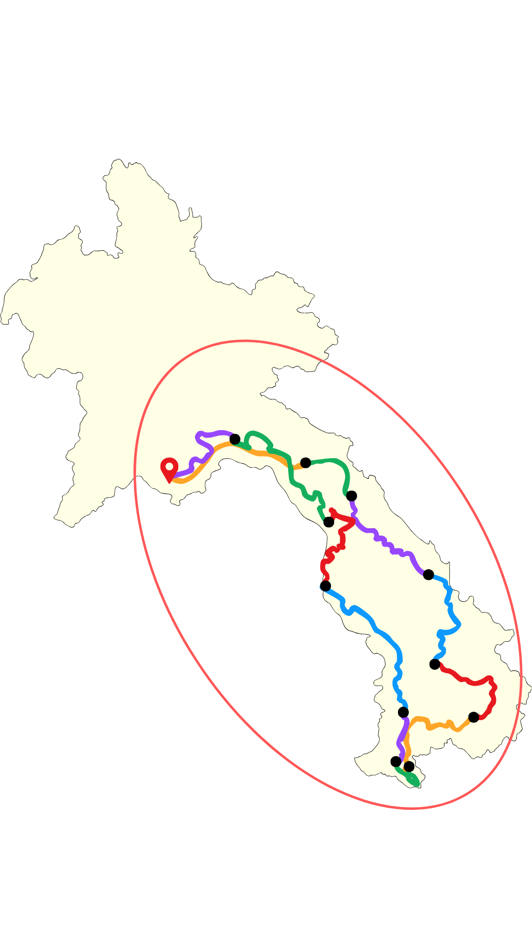 Carte du Laos avec plusieurs tracés de chemins colorés et un point rouge indiquant un départ, entourée d'un ovale rouge, représentant une carte géographique de l'Italie.