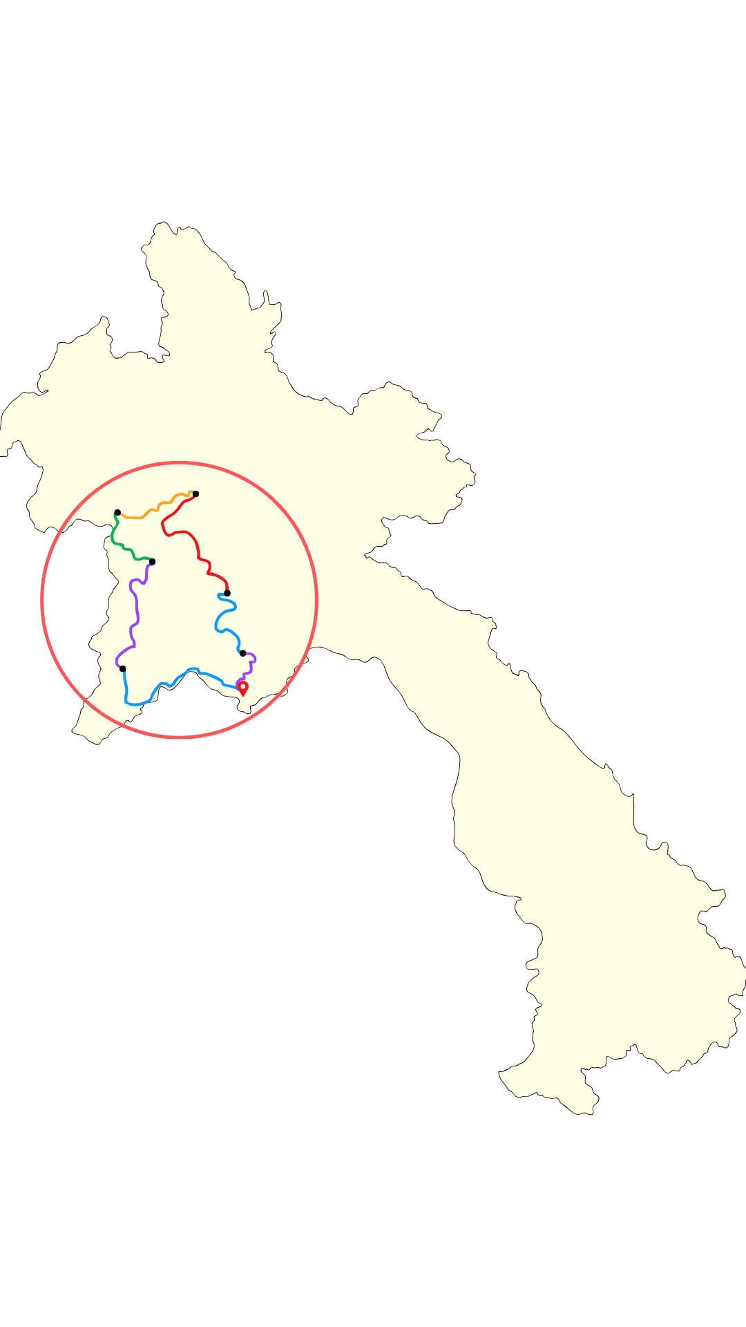 Carte du Laos montrant une zone spécifique au centre-ouest avec un tracé coloré indiquant un itinéraire de circuit moto.