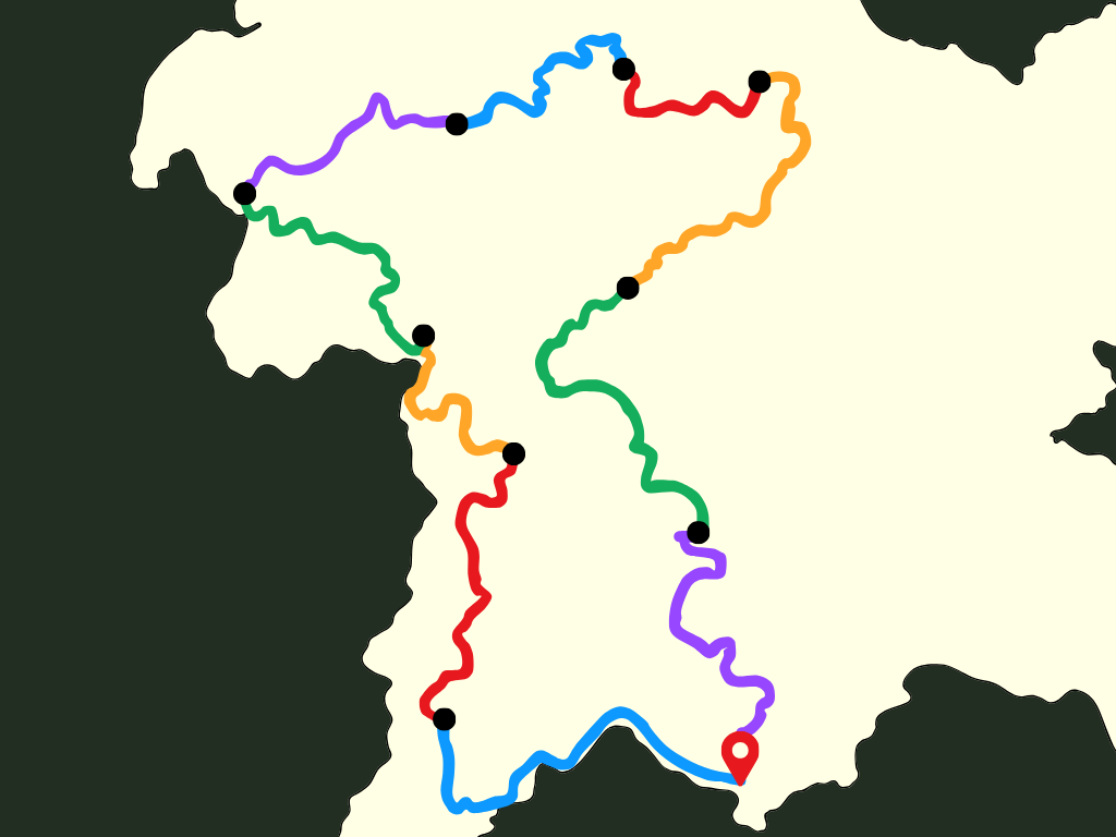 Carte du Laos avec différentes lignes de train colorées et des points noirs indiquant des stations, dont un point de localisation rouge.