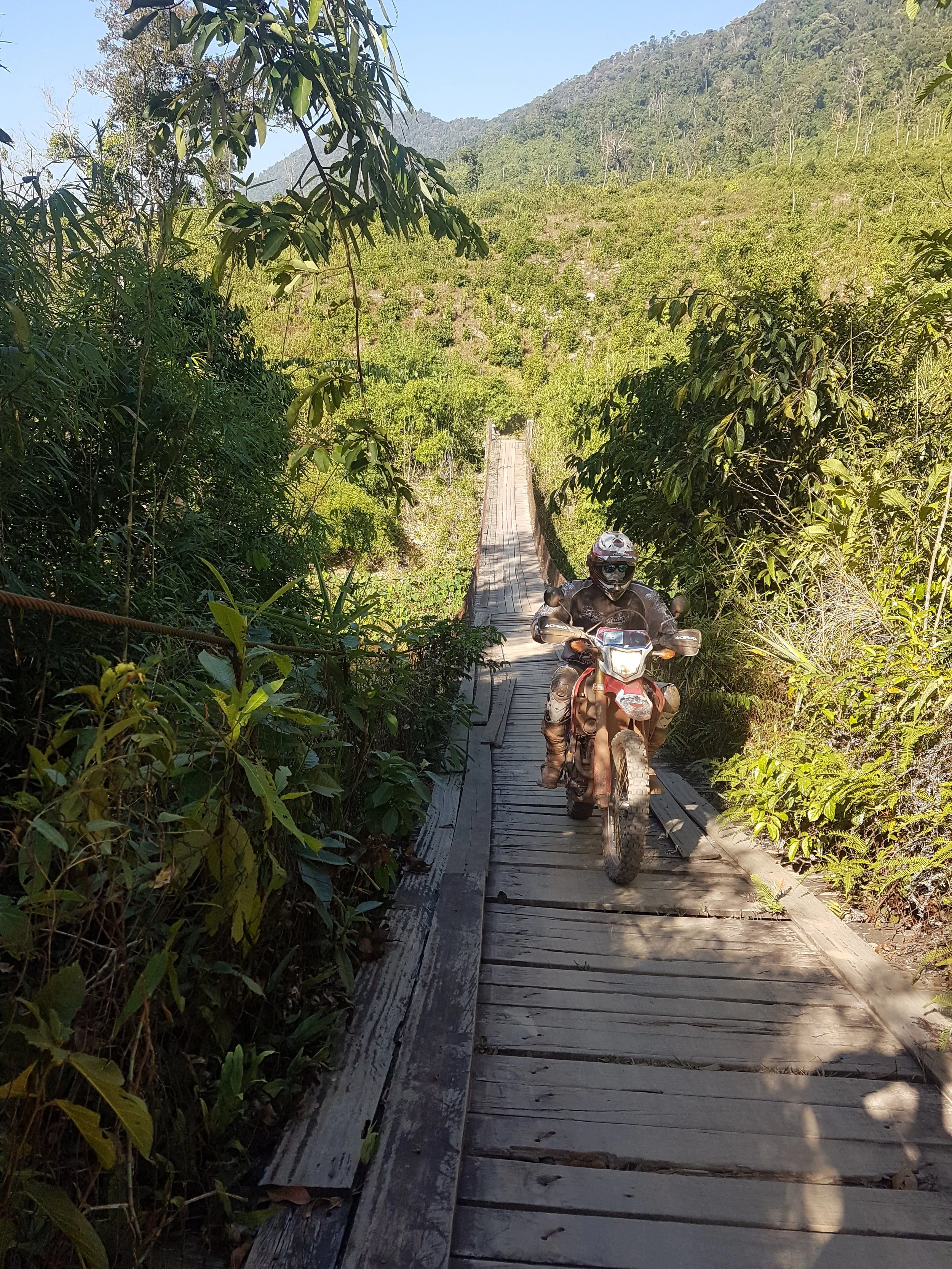 Un homme à moto portant un casque, traversant un pont en bois dans une forêt verte sous un ciel bleu.