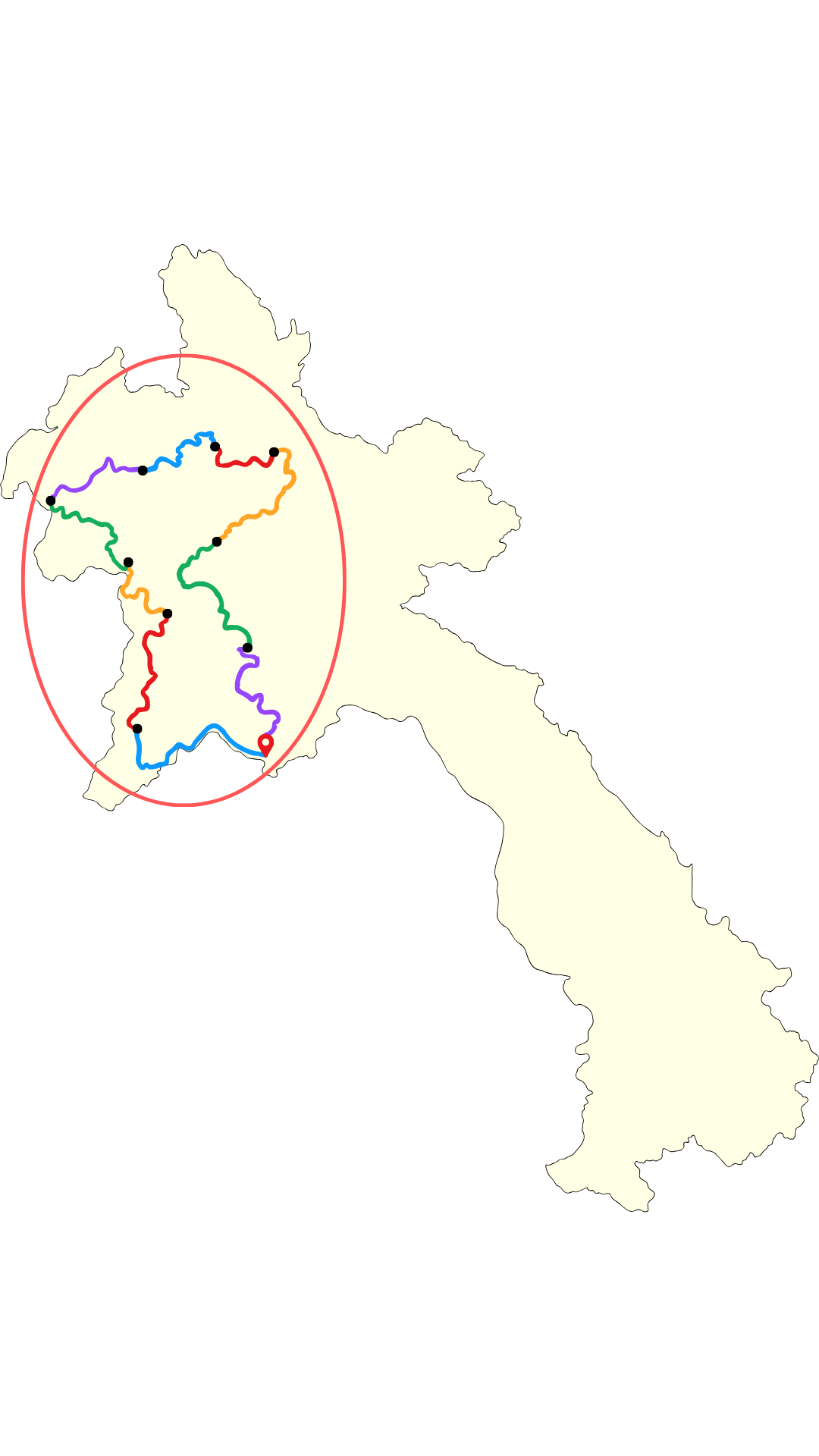 Carte du Laos avec des lignes colorées indiquant un trajet, entourée d'une zone ovale rouge.