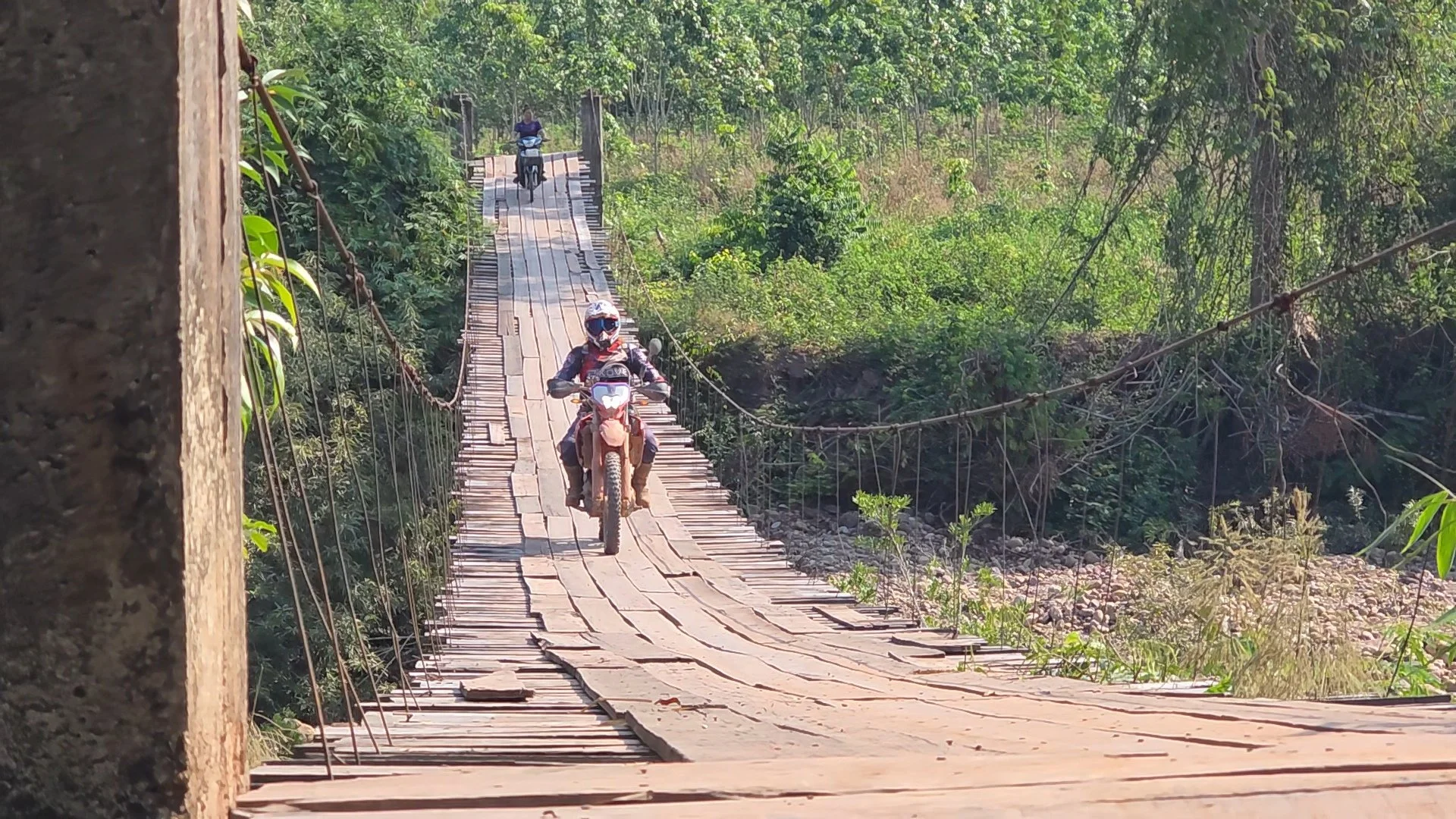 Deux motards traversent un pont en bois suspendu dans une forêt dense, entourés de verdure.