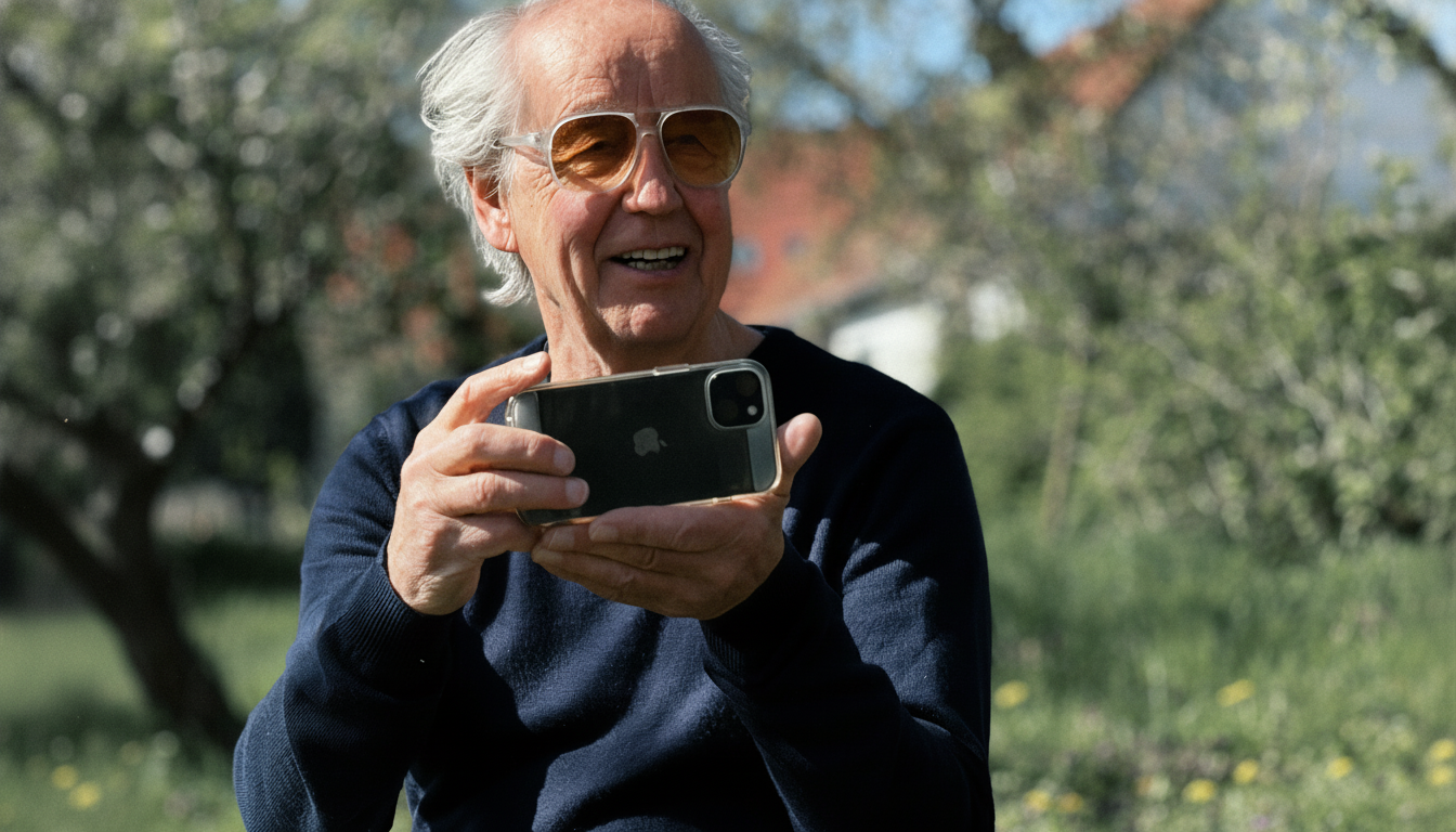 Älterer Mann mit Sonnenbrille hält ein Smartphone im Freien und macht ein Foto, im Hintergrund Bäume und Himmel, sonniger Tag.