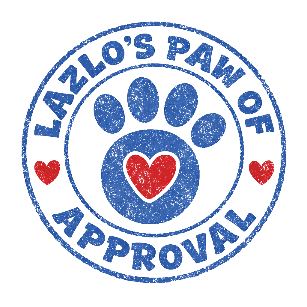 A circular stamp design with blue text that reads "LAZLO'S PAW OF APPROVAL" and a paw print in the center. The paw print has a red heart inside the bottom pad, and there are small red hearts on either side of the circle.