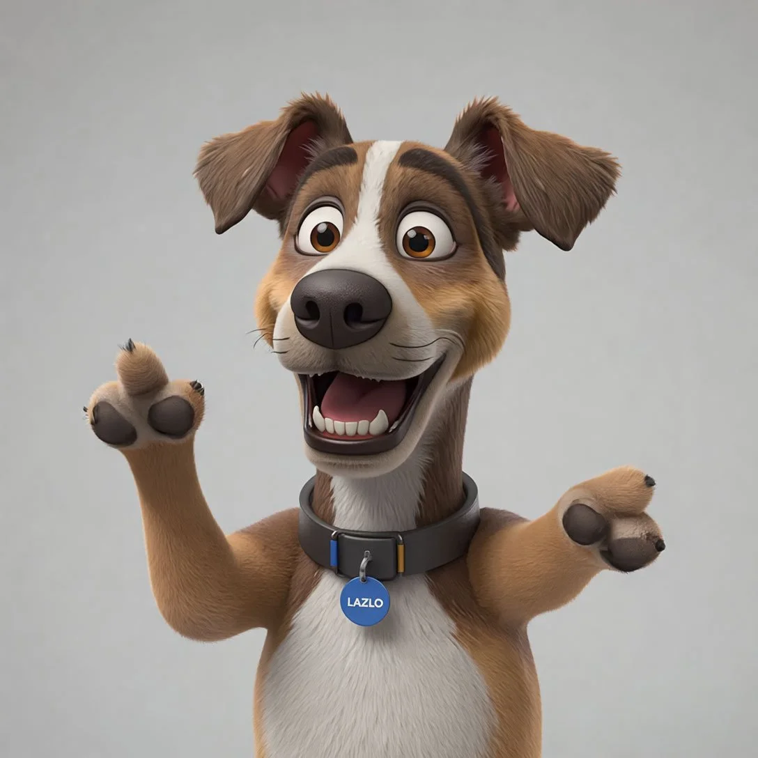 Animated dog character smiling, with brown and white fur, floppy ears, and a black collar with a blue tag that says "LAZLO."
