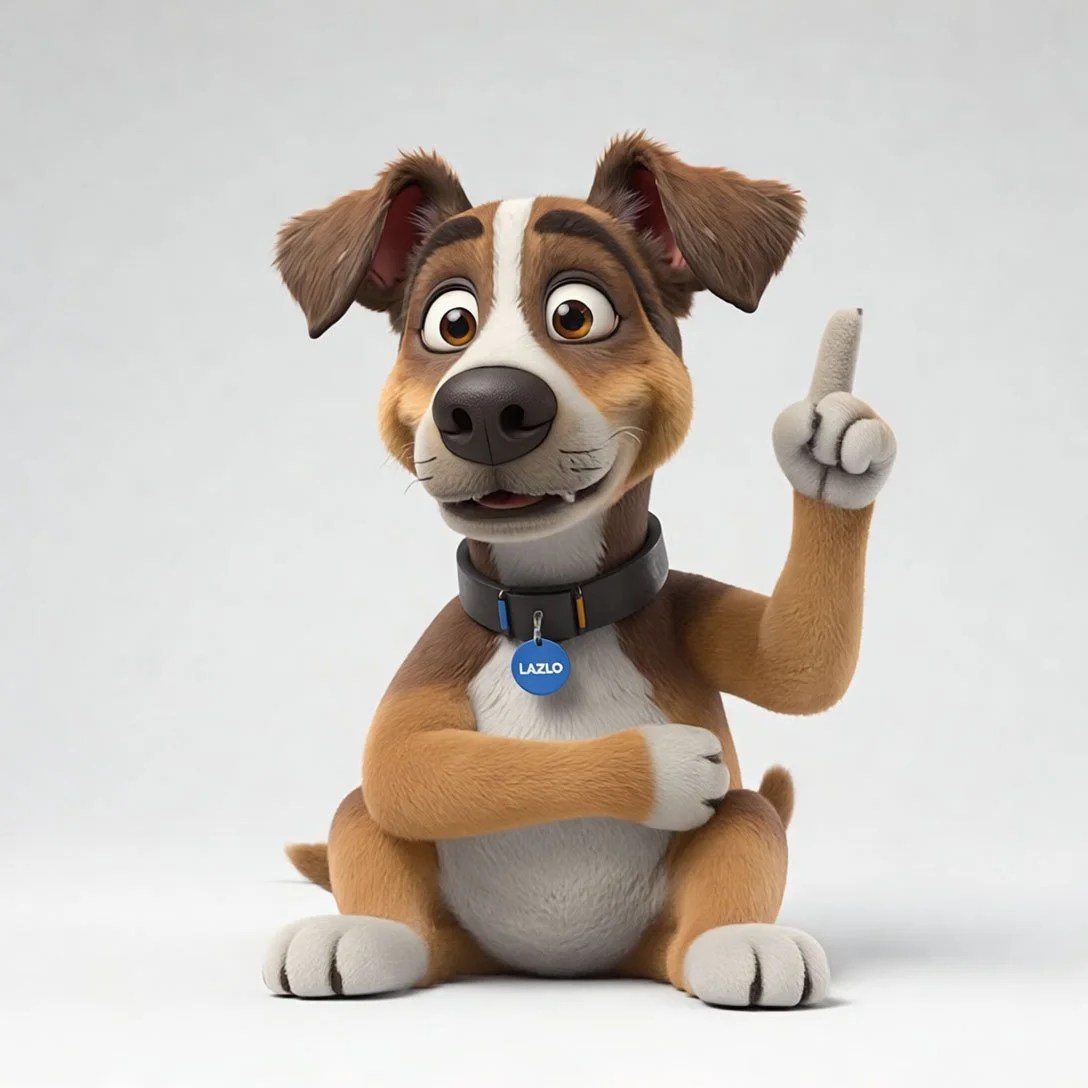 Animated dog character with brown and white fur, sitting with one paw raised and its index finger pointing up, wearing a black collar with a blue name tag that says 'LAZLO' against a plain white background.