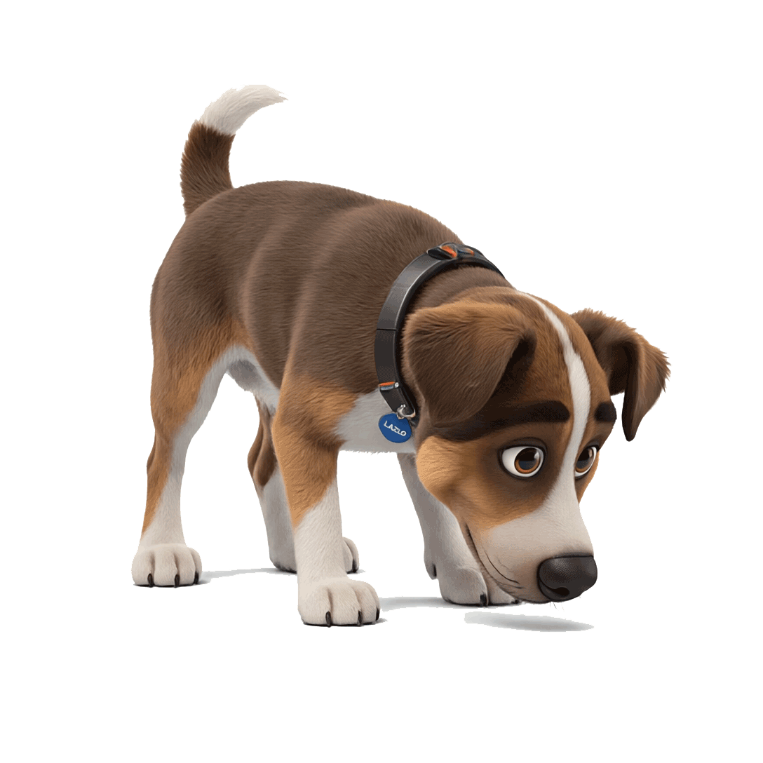 Animated puppy dog with brown and white fur, large expressive eyes, wearing a black collar with a blue tag, looking down at the ground.