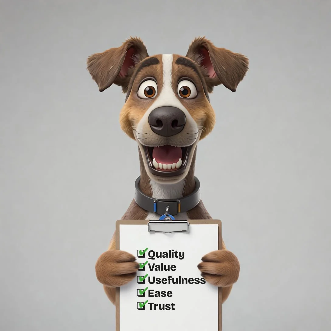 Animated dog holding a clipboard with checkmarks next to words: Quality, Value, Usefulness, Ease, and Trust.