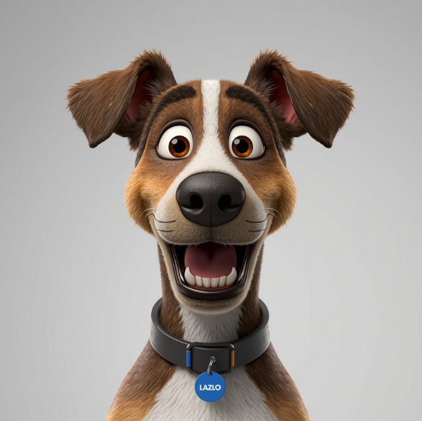 Animated happy dog with brown and white fur, big expressive eyes, and a collar with a blue name tag reading 'Lazlo'.