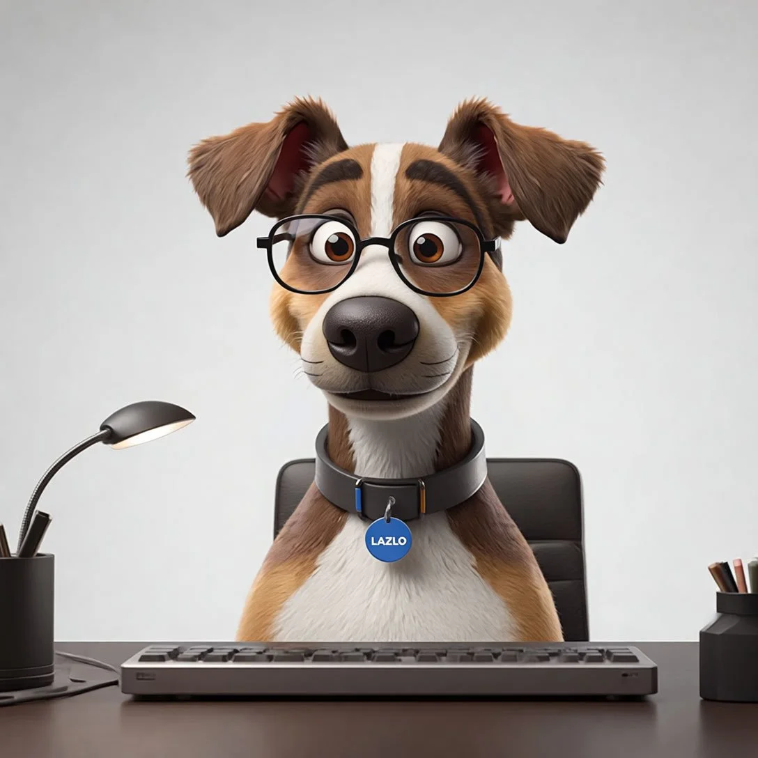 Animated dog with glasses sitting at a desk in an office, with a name tag labeled 'LAZLO', a keyboard, a desk lamp, and office supplies in the background.
