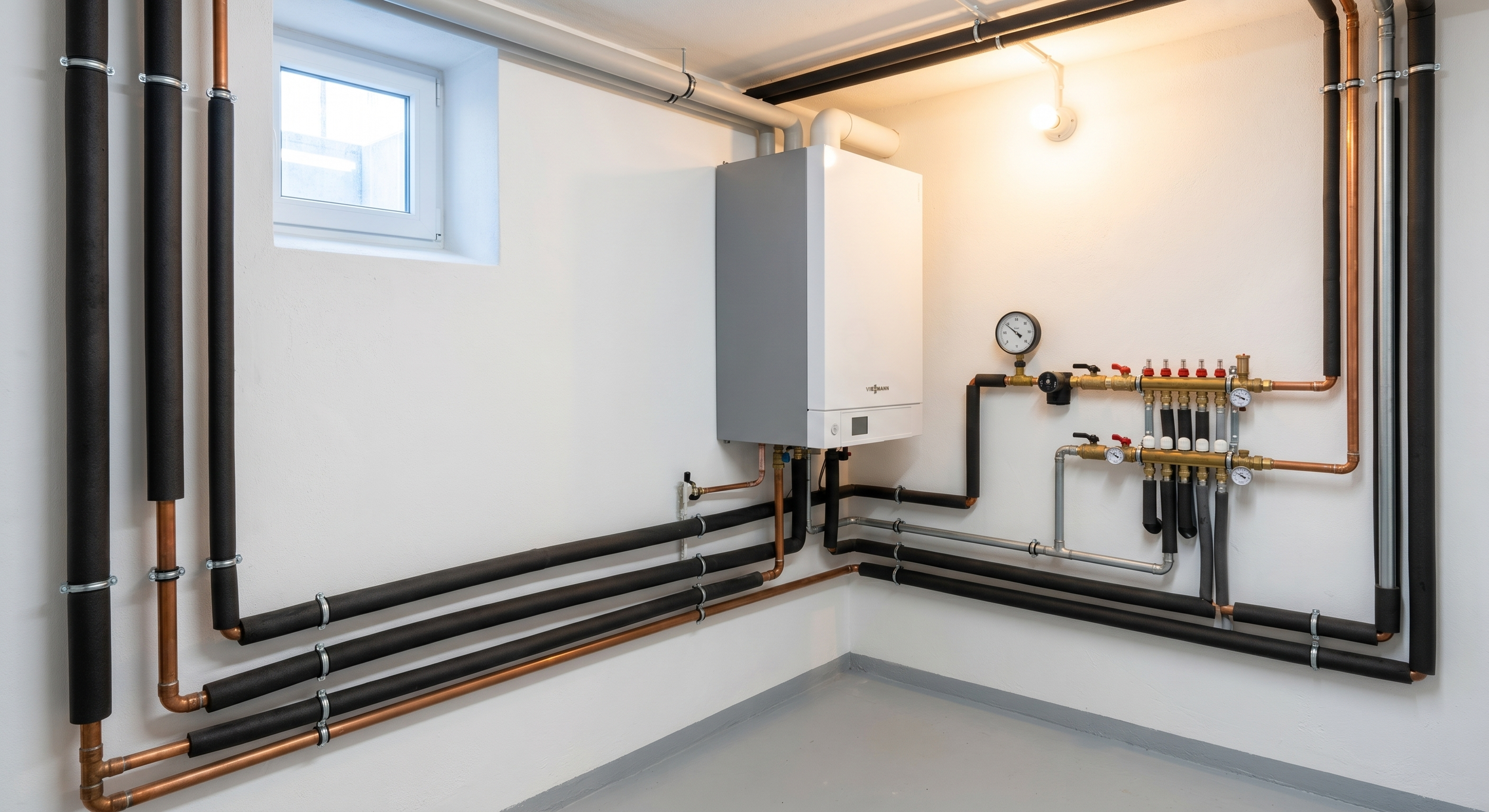Heizungsanlage mit Rohrleitungen, Druckmessern und einem Wandthermostat in einem Kellerraum.