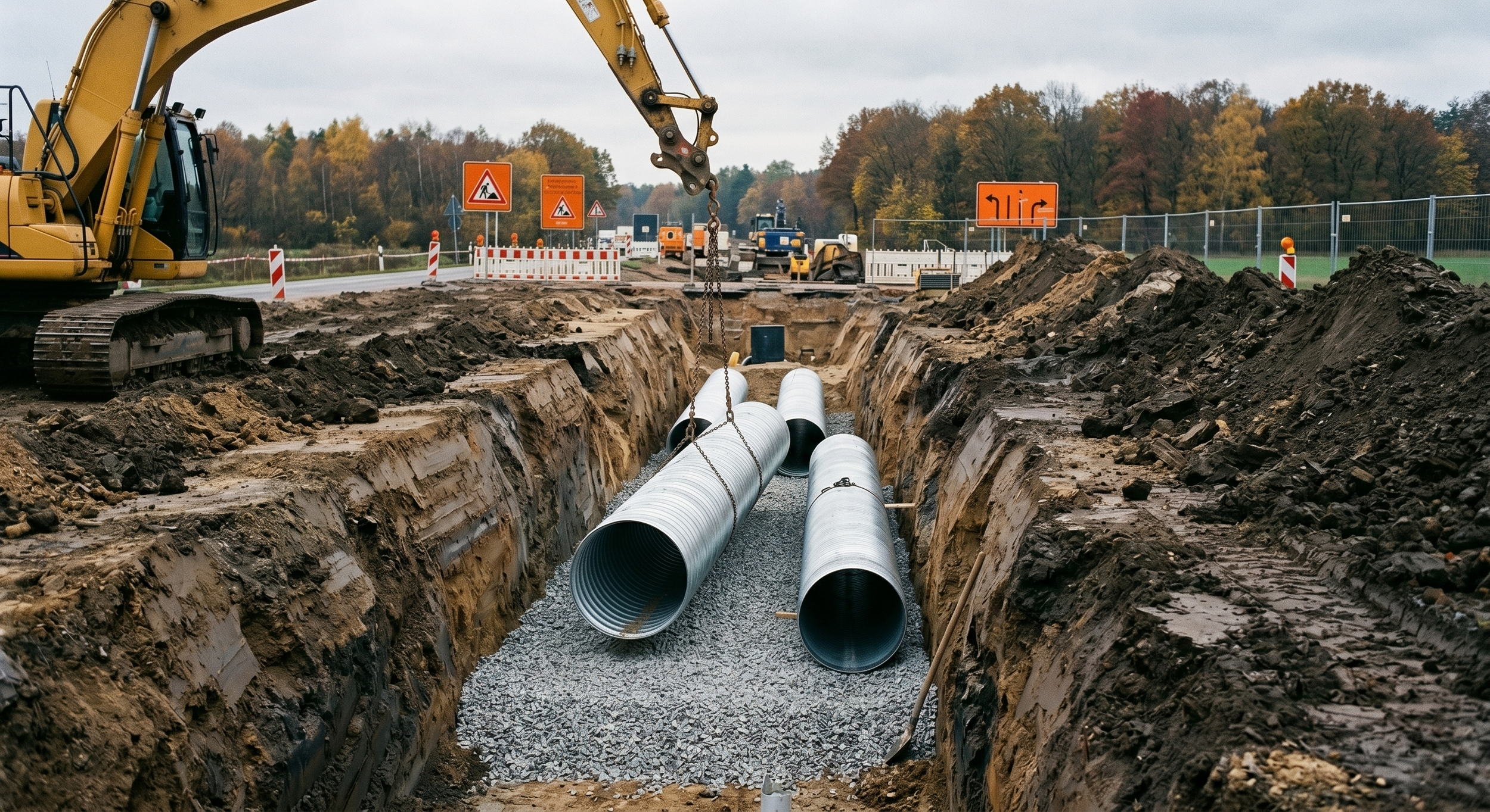 Baustelle auf einer Straße, auf der Rohre verlegt werden, mit Baustellenfahrzeugen, Warnschildern und einer Umzäunung im Hintergrund.
