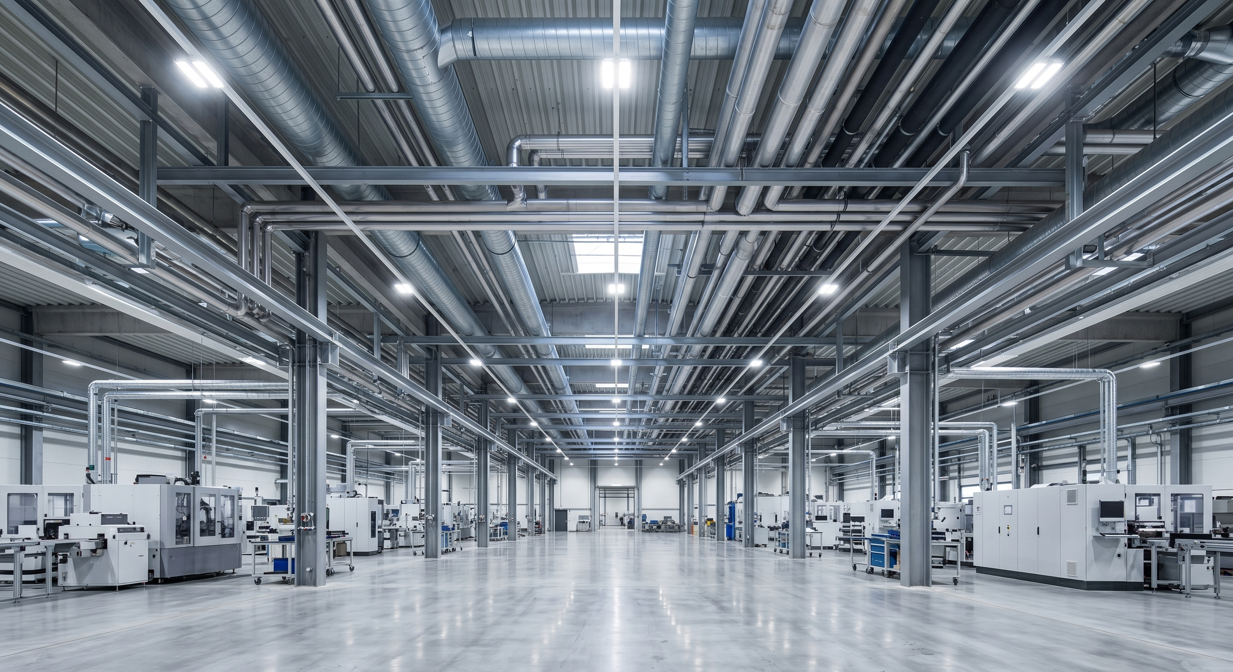 Großer Industriehalle mit vielen Maschinen und Rohrleitungen an der Decke.
