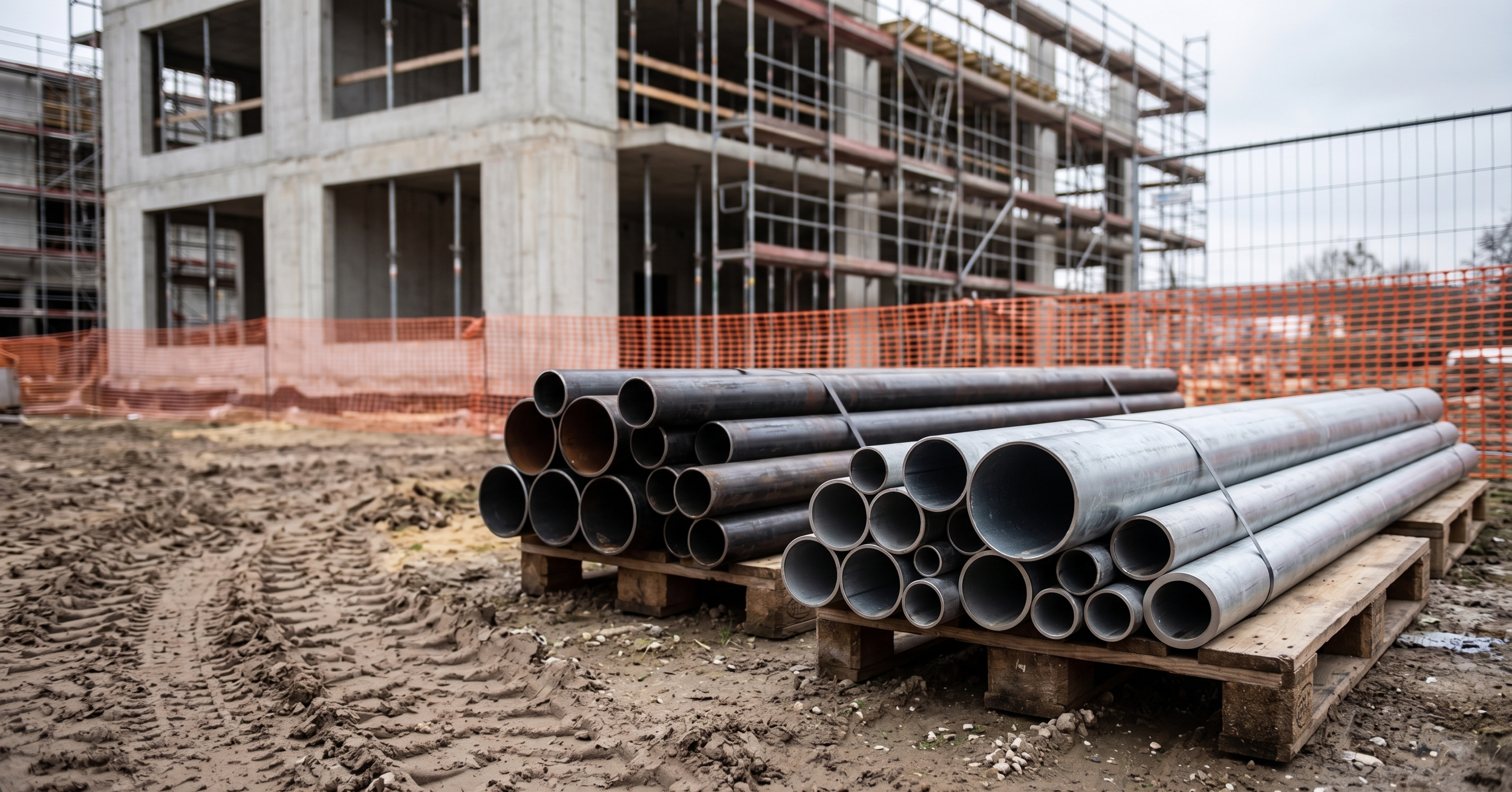 Baustelle mit Rohren auf Holzpaletten im Vordergrund, unfertiges Gebäude mit Gerüst im Hintergrund, Boden mit Erd- und Schmutzresten, orange Sicherheitsschutznetz