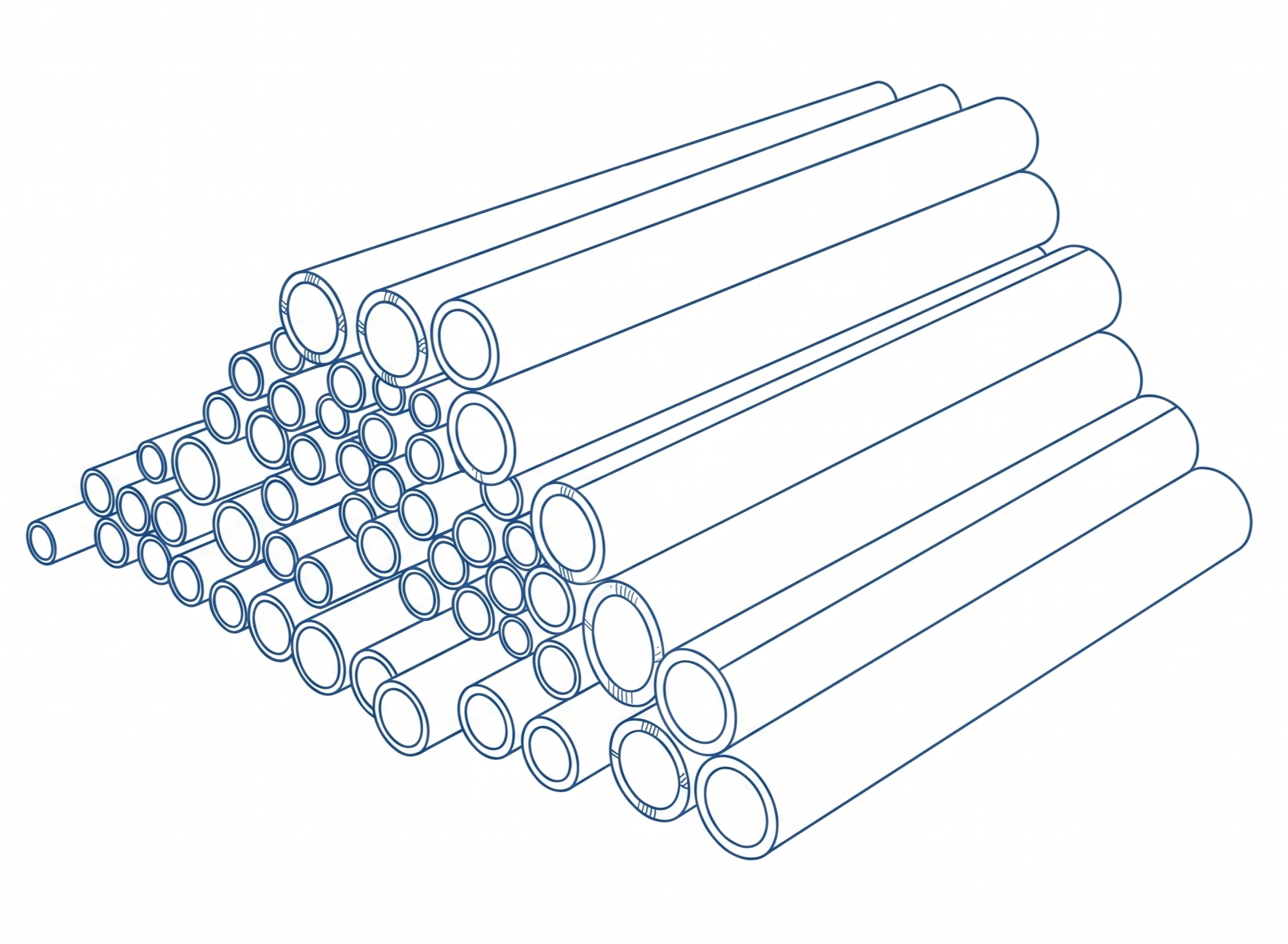 Eine digitale Skizze von mehreren Drahtrohren in unterschiedlichen Größen, gestapelt aufeinander