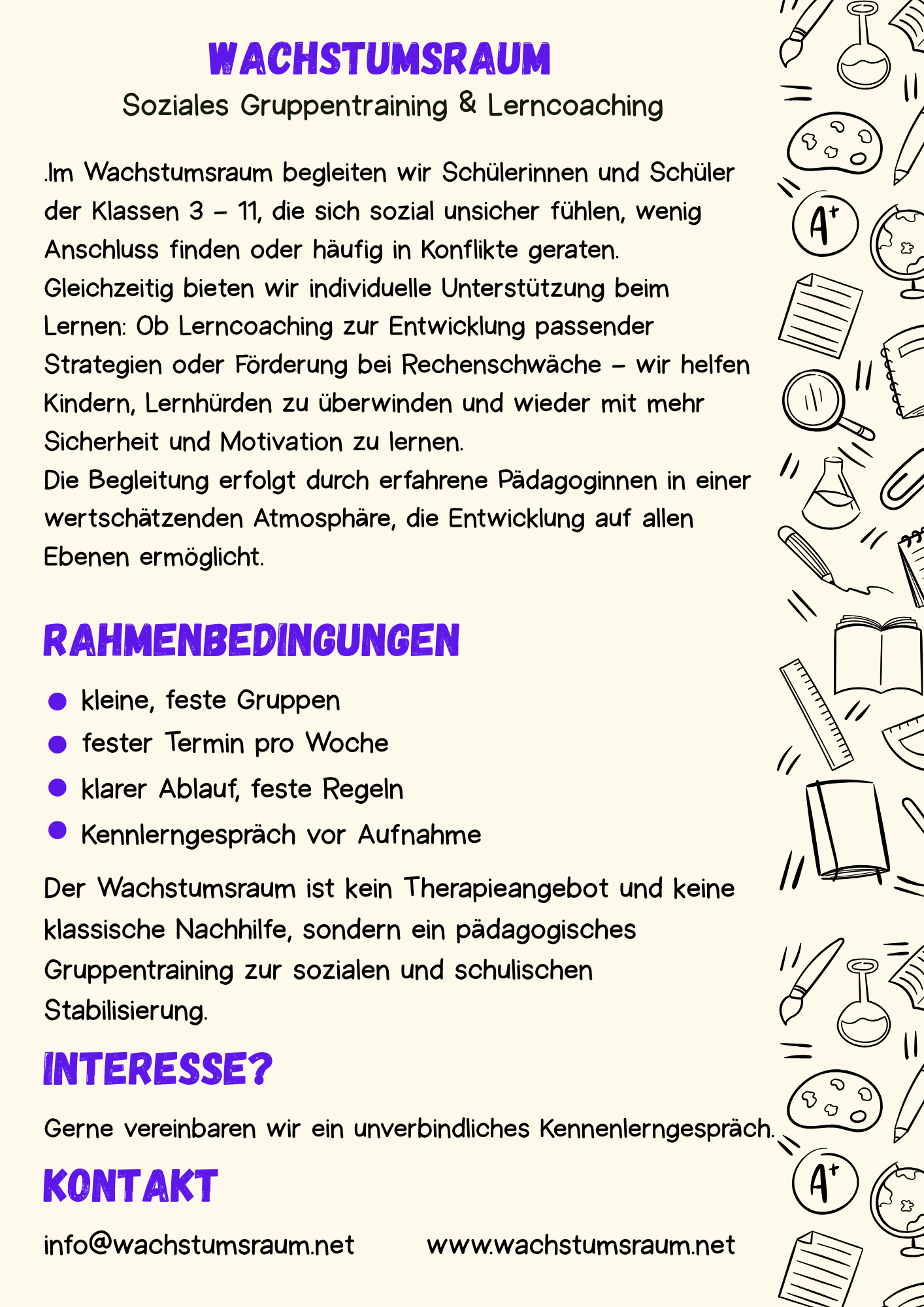 Flyer für Wachstumsraum, der soziale Gruppentraining und Lerncoaching anbietet. Enthält Text zu Zielgruppen, Bedingungen, Interesse und Kontaktinformationen, umgeben von handgezeichneten Symbolen wie Globus, Lupe, Notizblock, Filzstift, Palette, Chemielabor, Bücher, Ringe, Probetube, Mikroskop, Bleistift und Papier.