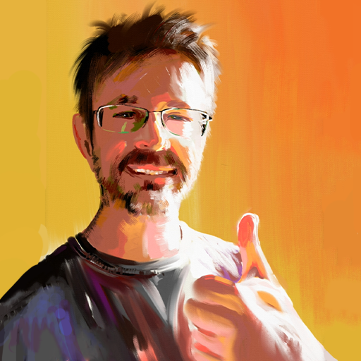A man with glasses and a beard giving a thumbs-up in front of a colorful background.