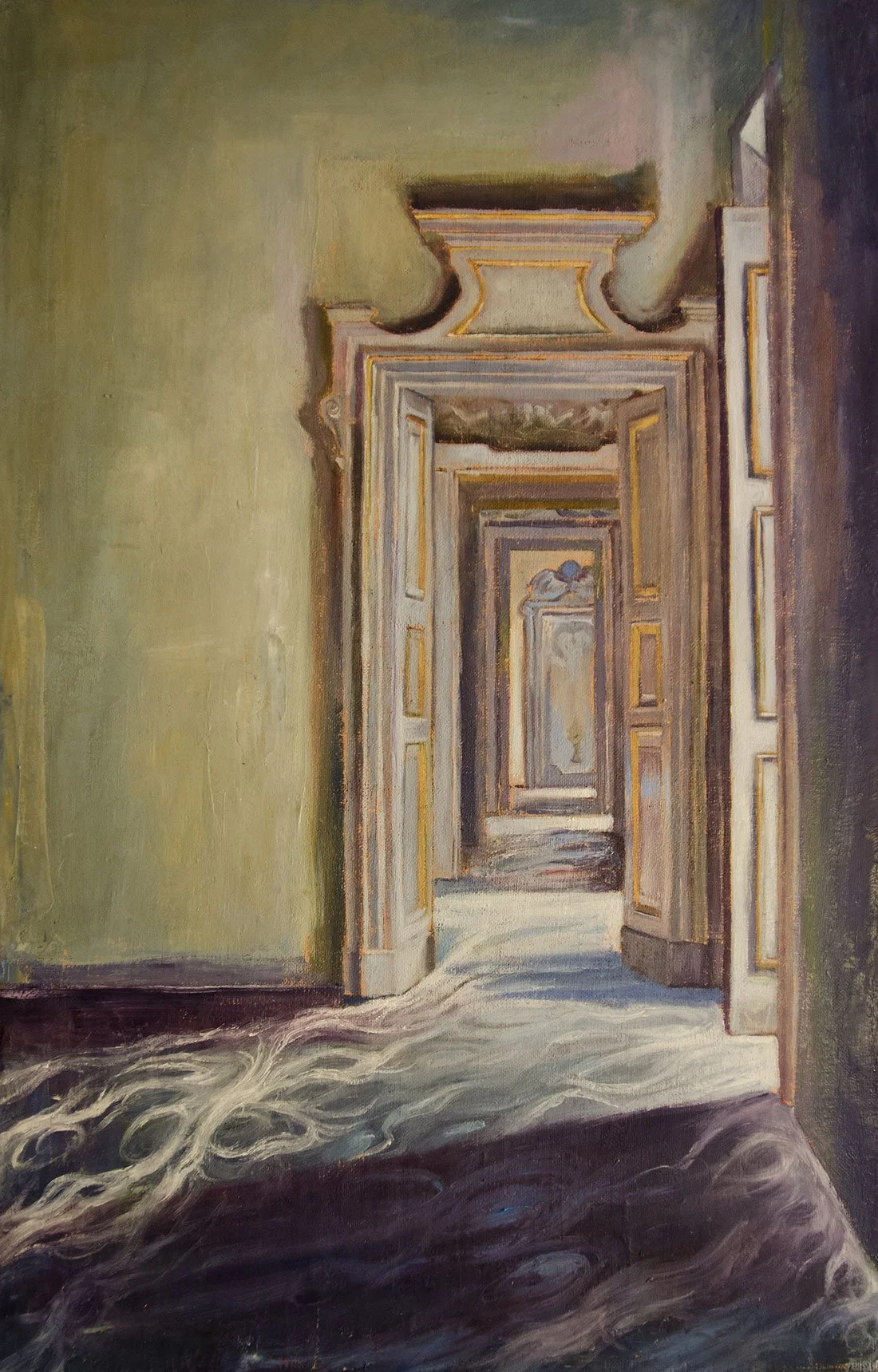 Dipinto raffigurante un lungo corridoio con molte porte aperte, che sembrano aprire in altri corridoi, creando un effetto di profondità.