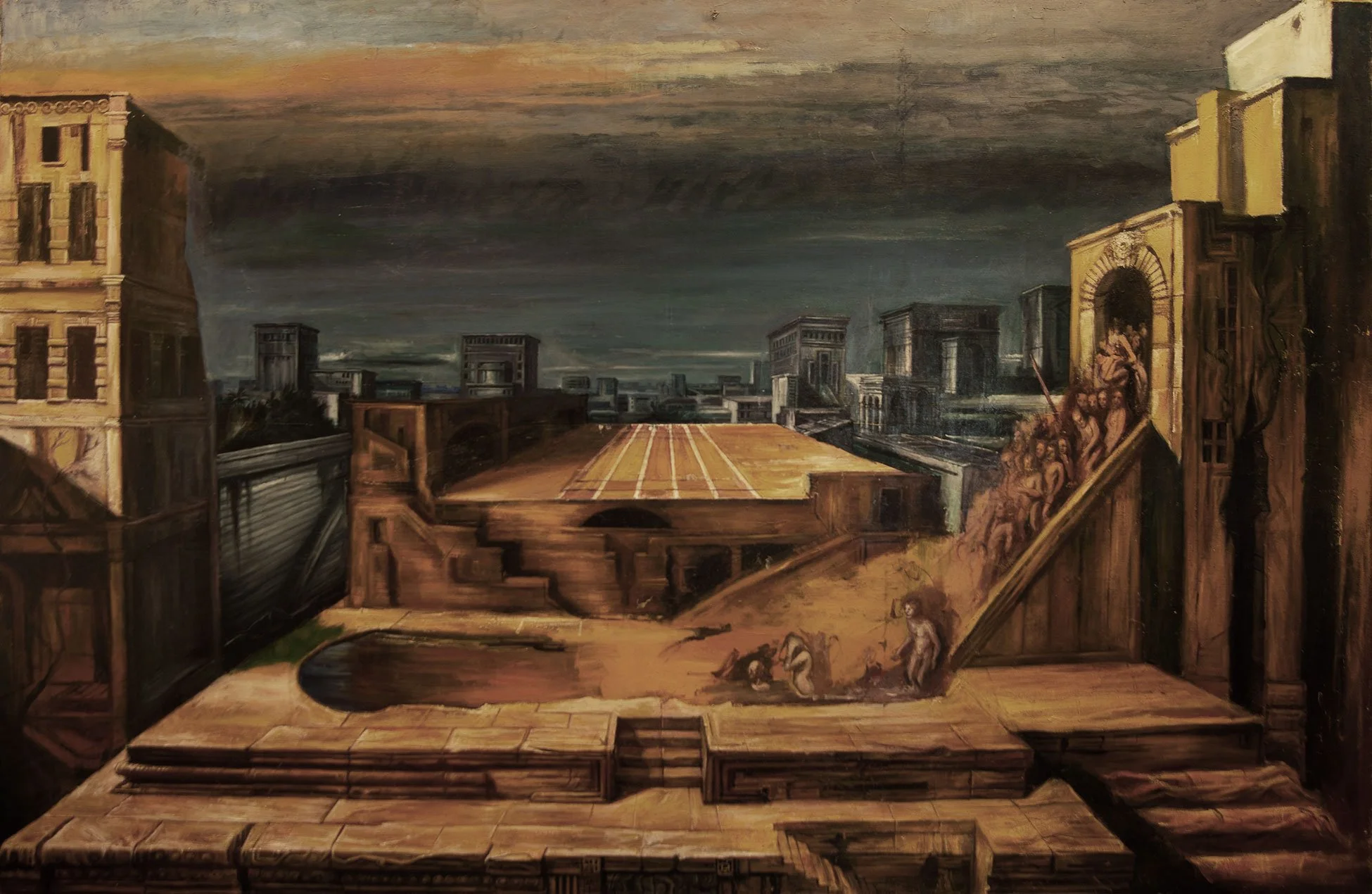 Una scena di città di architettura classica con edifici e statue, sotto un cielo teso e nuvoloso.