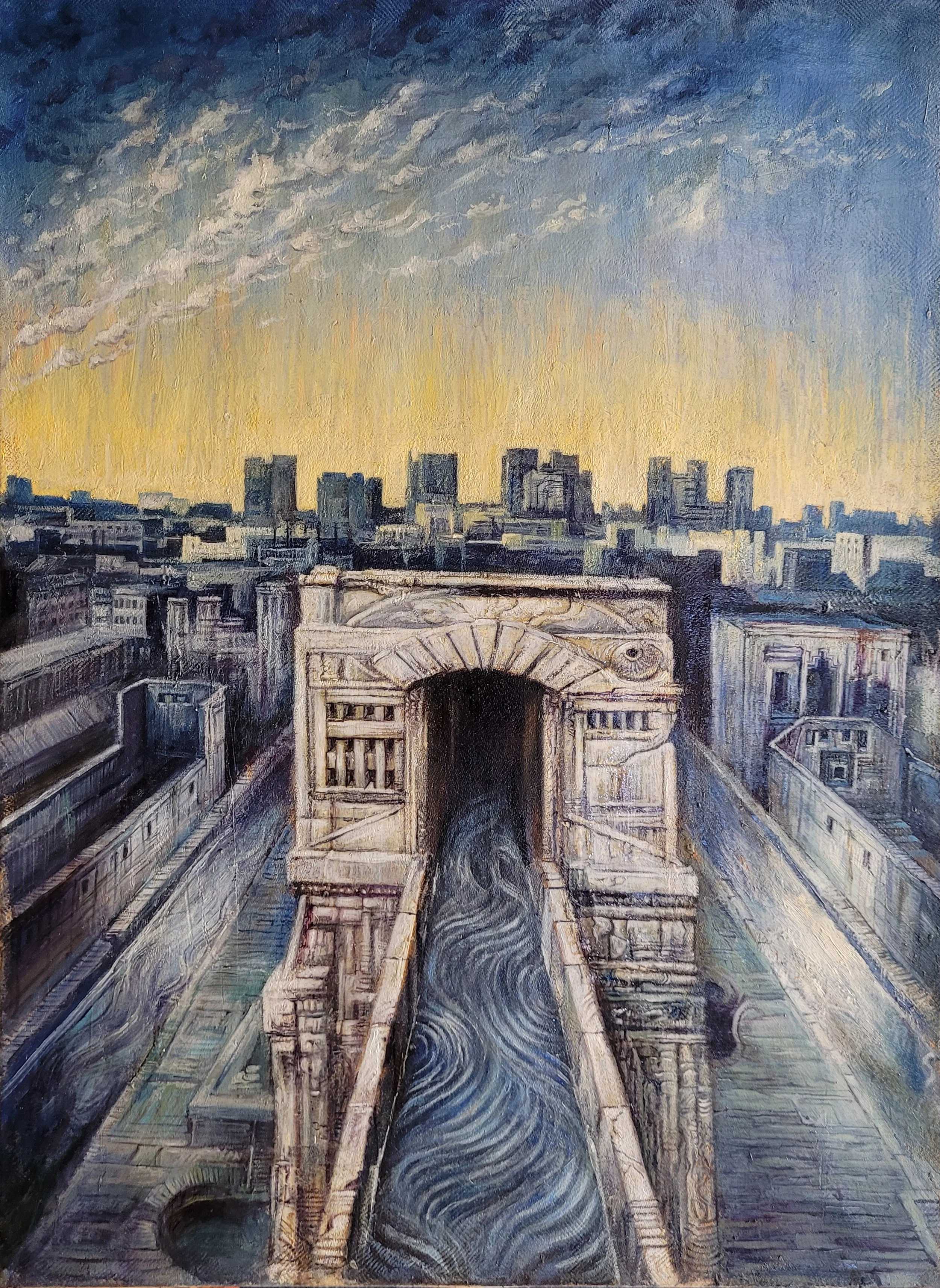 Dipinto di un paesaggio urbano visionario. Pittura figurativa visionaria .Cisterna d'acqua.