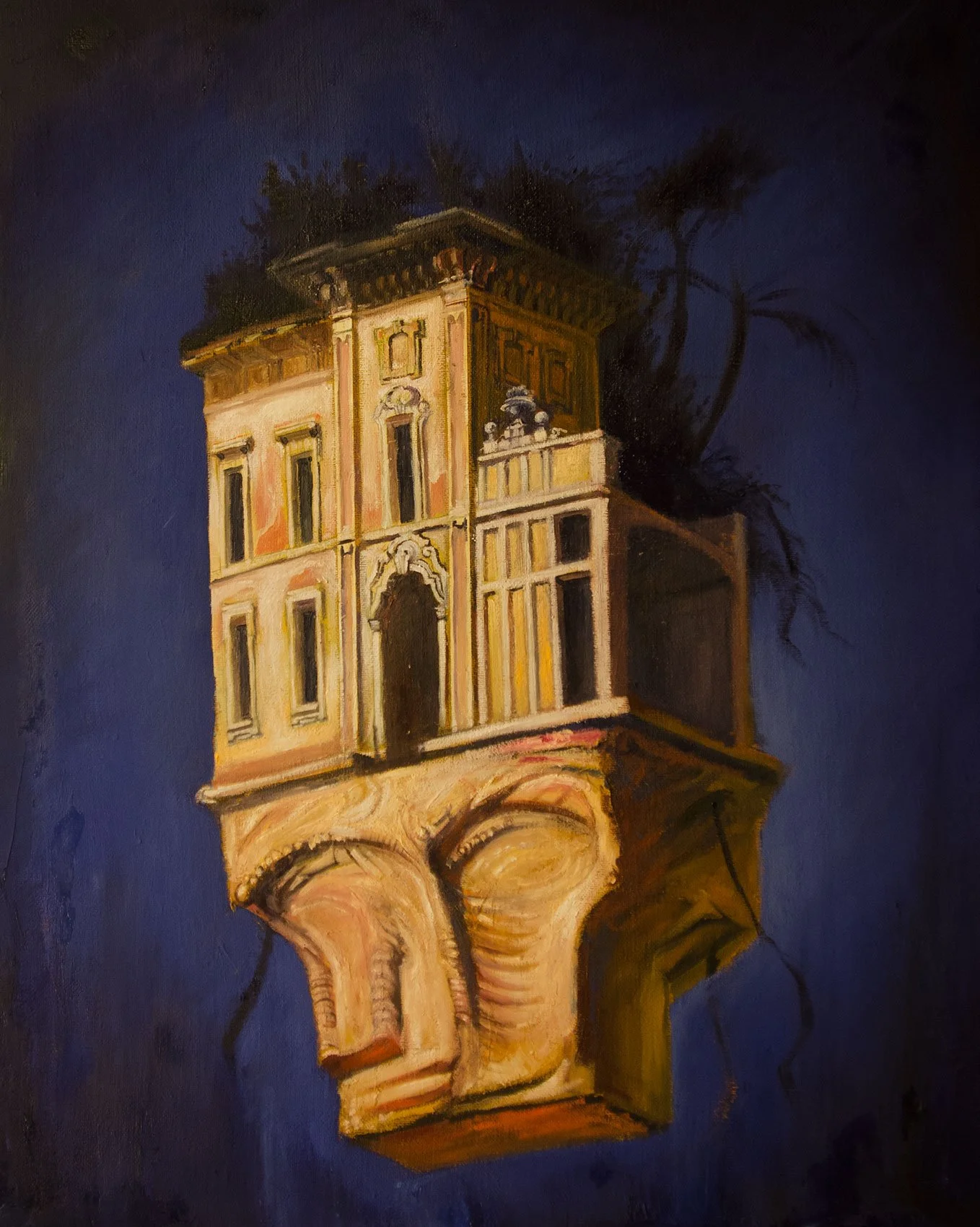 Dipinto raffigurante un edificio storico con dettagli architettonici eleganti, sopra una colonna con elementi decorativi, contro uno sfondo scuro.