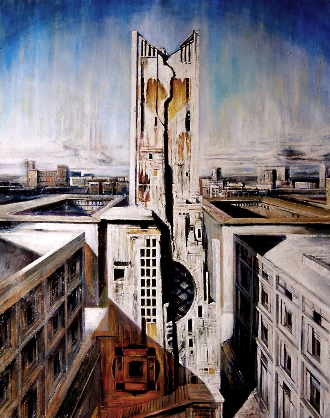Dipinto astratto di una città con edifici alti e un cielo blu, con uno stile artistico astratto e geometrico.